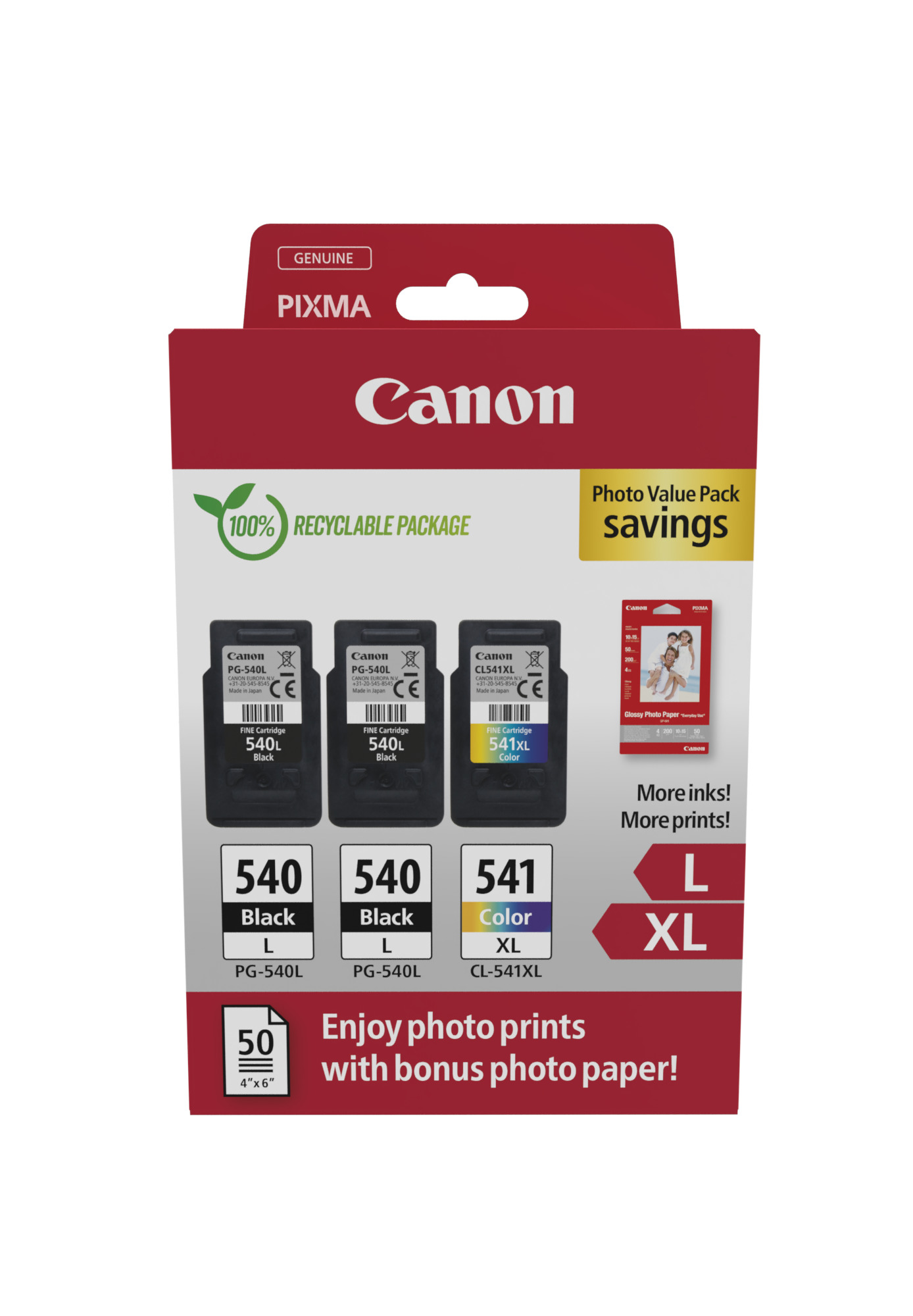 Canon PG-540L x2/CL-541XL Photo Paper Value Pack Sort Farve (cyan, magenta, gul) Blækpatron/papirsæt billede