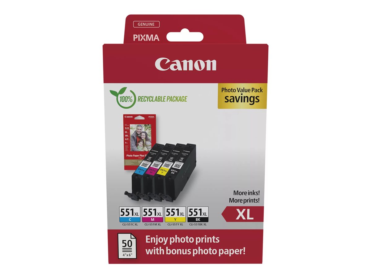 Canon CLI 551XL C/M/Y/BK Photo Value Pack Sort Gul Cyan Magenta 660 sider Blækbeholder / papirsæt billede