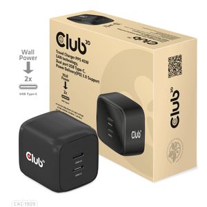 Club 3D CAC-1909 - Strømforsyningsadapter - PPS og GaN-teknologi - 45 Watt - 3 A - PD 3.0 - 2 output-stikforbindelser (2 x USB-C) - på kabel: USB-C - Den Europæiske Union
