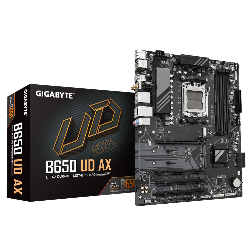 Gigabyte B650 UD AX - 1.0 - bundkort - ATX - Socket AM5 - AMD B650 Chipset - USB-C 3.2 Gen 1, USB 3.2 Gen 2, USB 3.2 Gen 1 - Wi-Fi 6, Gigabit LAN, Bluetooth - onboard grafik (CPU påkrævet) - HD Audio (8-kanaler)