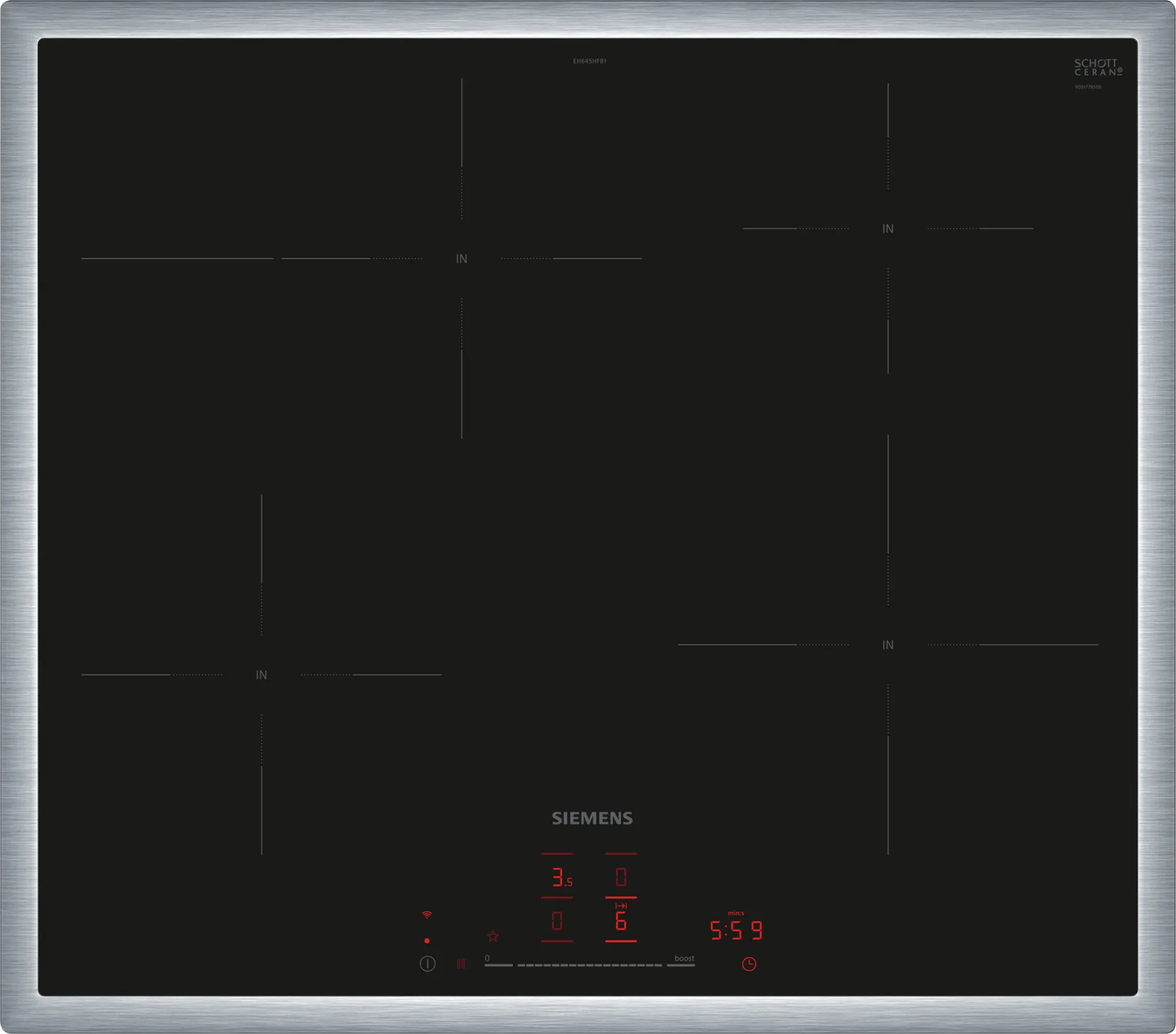 Siemens iQ300 EH645HFB1E, Sort, Indbygget, 60 cm, Zone induktionskogeplade, Keramisk, 4 zone(s)