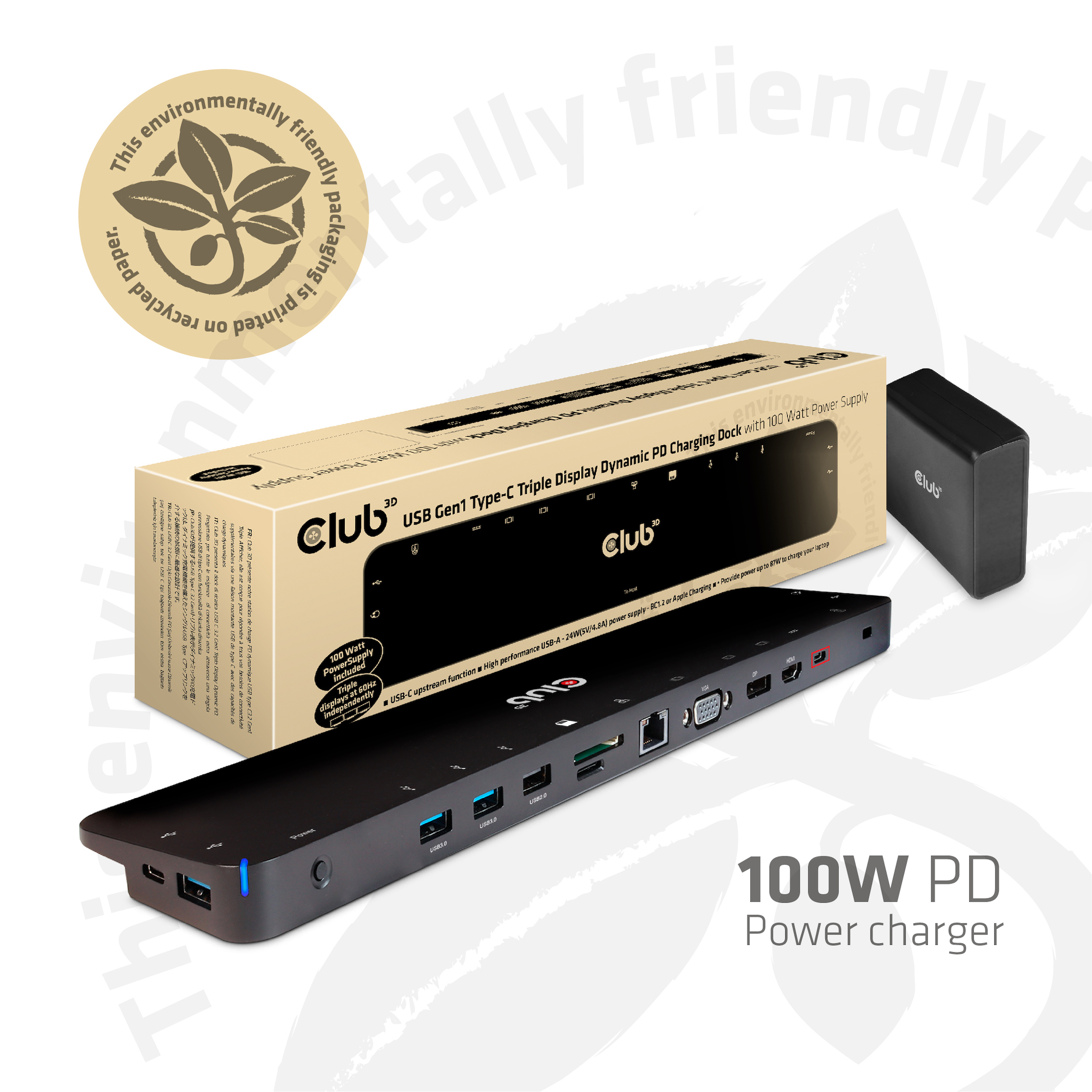 Club 3D USB Type C 3.2 Gen1 Triple Display Dynamic PD Charging Dock 100W PD Power charger
