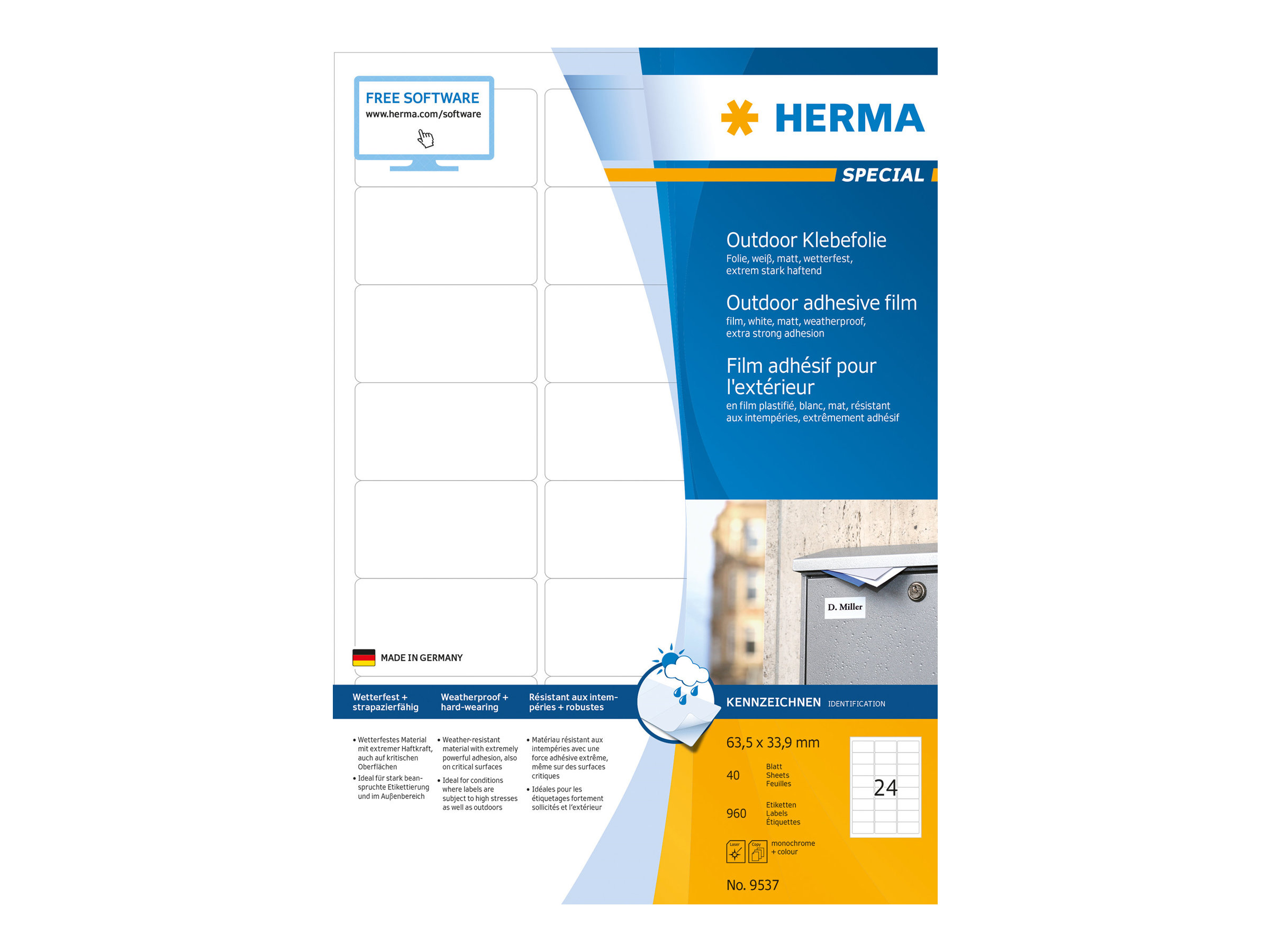 HERMA Special - Polyethylen (PE) - mat - ekstrastærkt klæbemiddel - hvid - 63.5 x 33.9 mm 960 etikette(r) (40 ark x 24) filmmærkater
