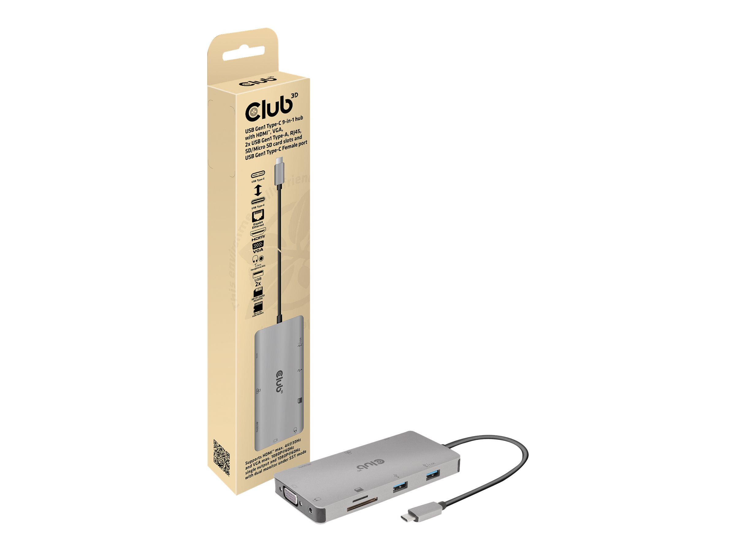 Club 3D USB Gen1 Type-C 9-in-1 hub - docking station - USB-C - VGA HDMI - GigE
