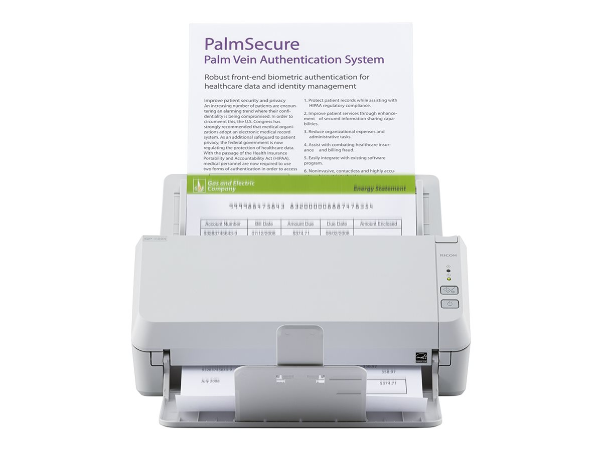 Ricoh SP-1120N - Dokumentscanner - Dual CIS - Duplex - 216 x 355.6 mm - 600 dpi x 600 dpi - op til 20 ppm (mono) / op til 20 ppm (farve) - ADF (50 ark) - op til 3000 scanninger pr. dag - Gigabit LAN, USB 3.2 Gen 1x1