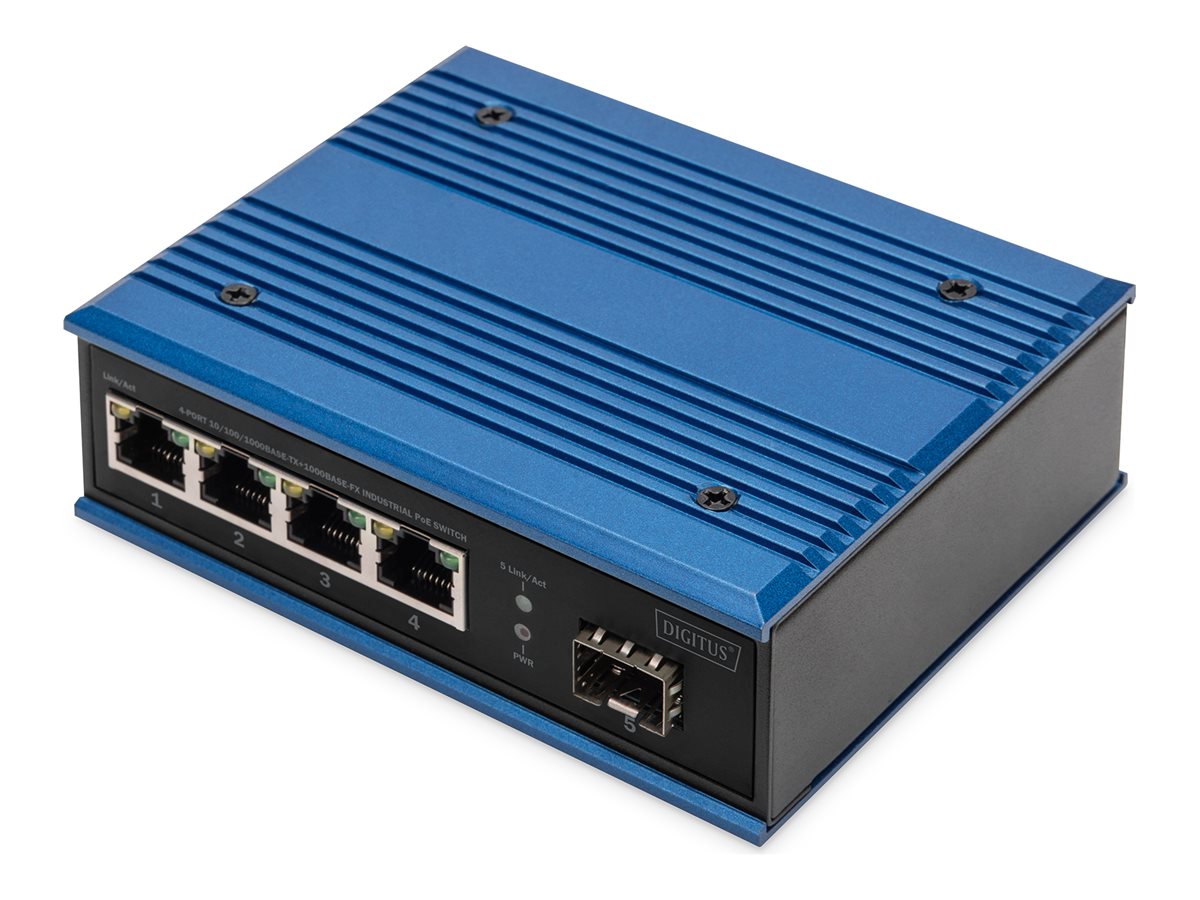 Netværksswitch Gigabit med PoE - DIGITUS 4 porte, industriel, unmanaged, 1 SFP uplink