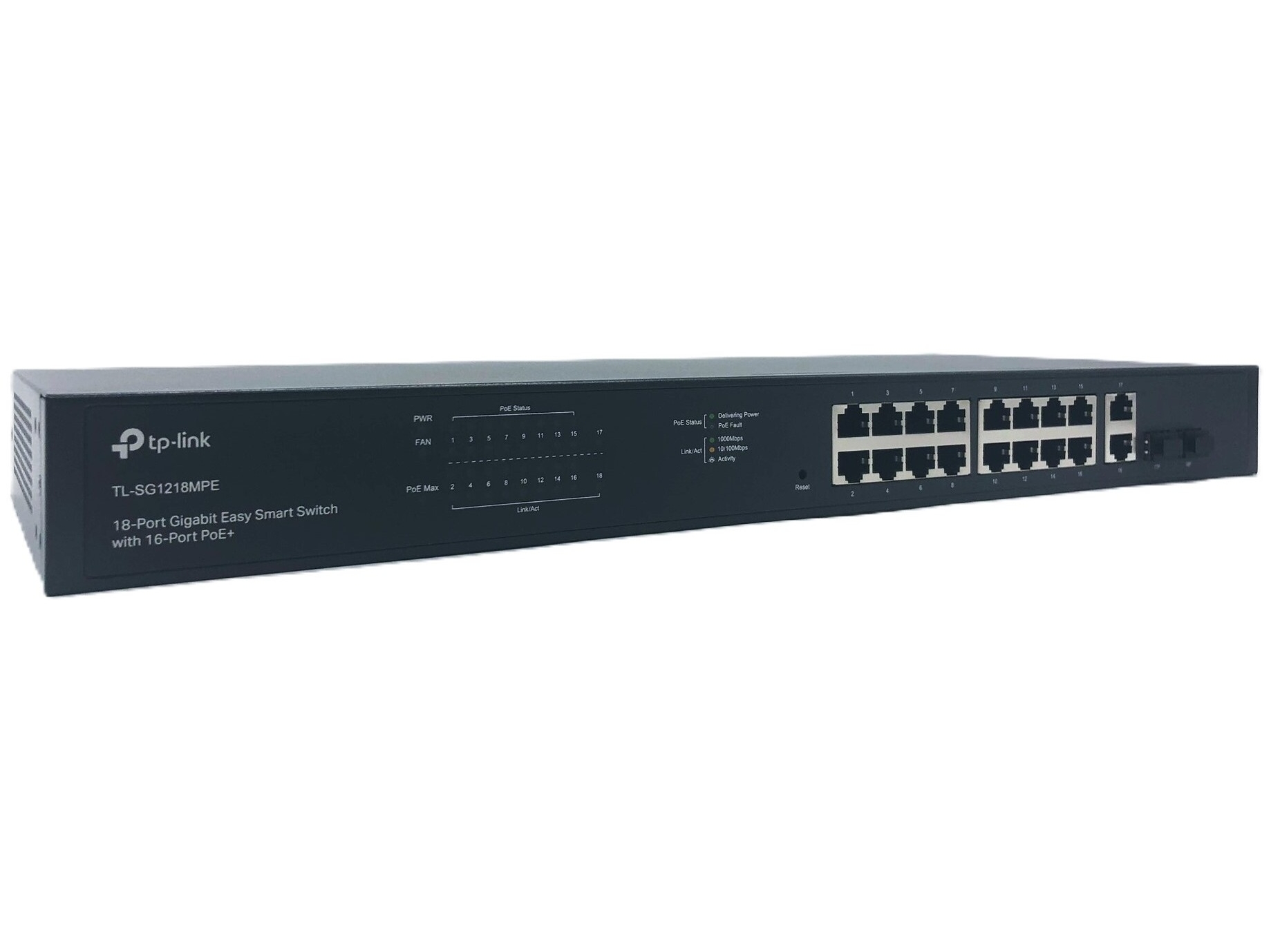 TP-Link JetStream TL-SG1218MPE - Switch - smart - 16 x 10/100/1000 (PoE+) + 2 x Gigabit SFP - monterbar på stativ - PoE+ (192 W) - AC 100 - 240 V