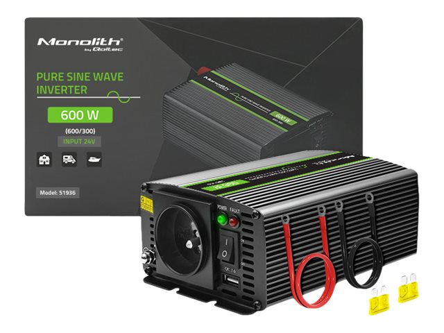 Strøminverter bil 24 V til 230 V - Qoltec Monolith 600 W, sort