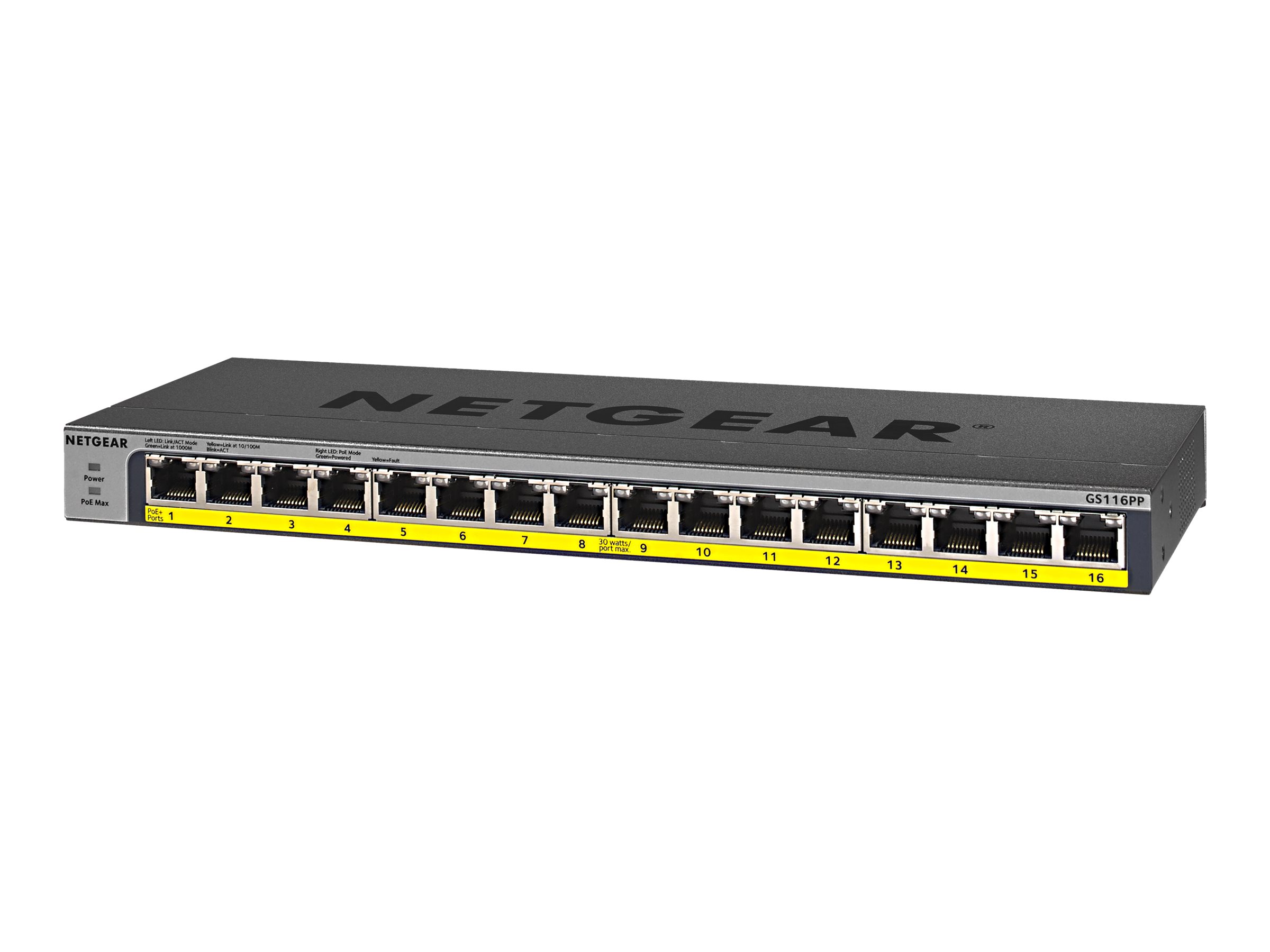 NETGEAR GS116LP - Switch - 16 x 10/100/1000 (PoE+) - desktop, monterbar på stativ, væg-monterbar - PoE+ (76 W) - DC strøm