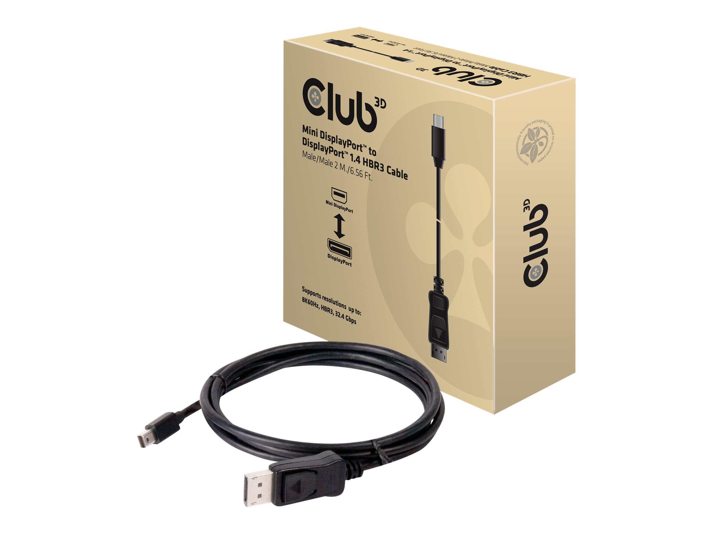 CLUB3D Mini DisplayPort til DisplayPort 1.4 HBR3 8K60Hz-kabel, 2 meter / 6,56 fod