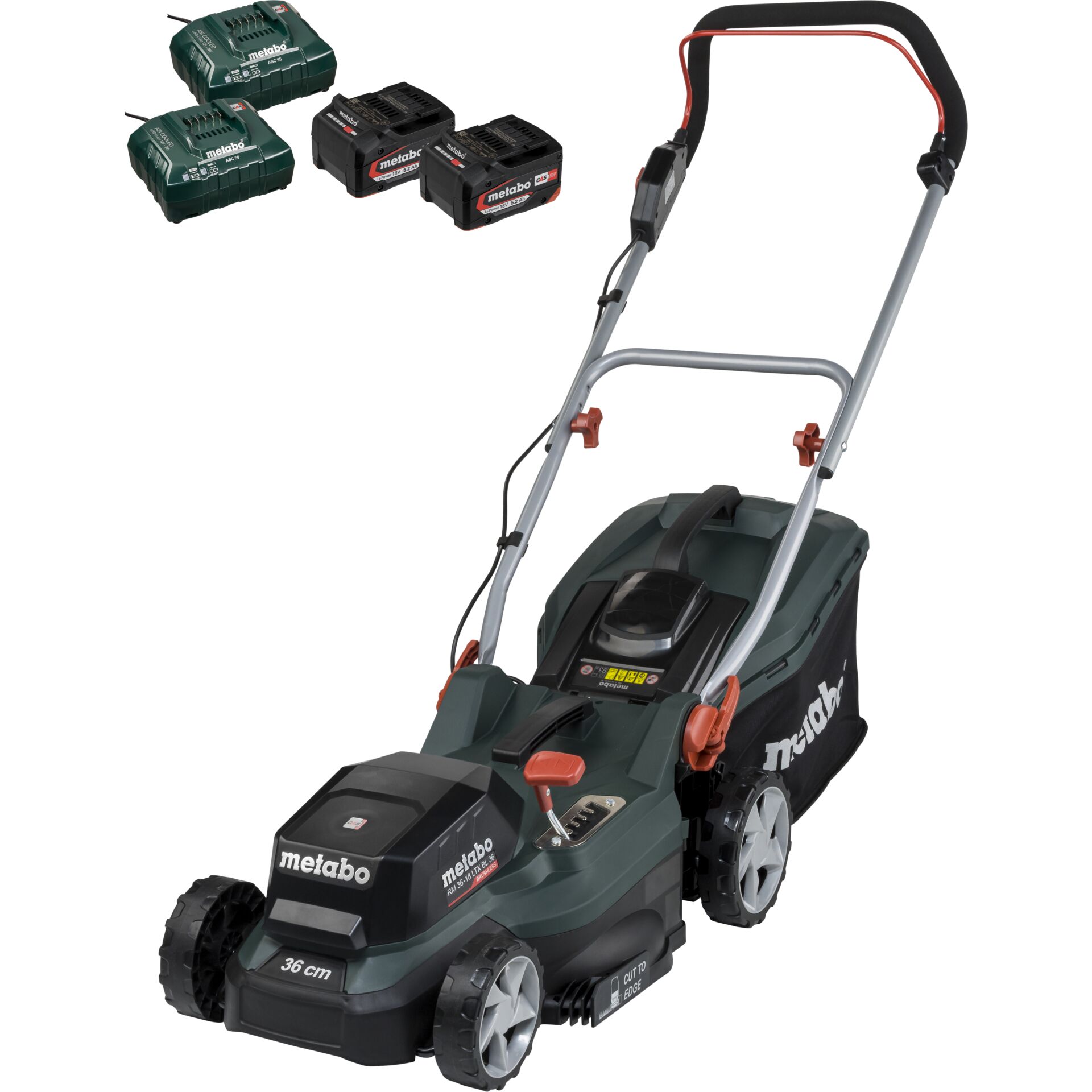 Metabo RM 36-18 LTX BL 36 - Græsslåmaskine - ledningfri - 18 V - 5.2 Ah - 2 batterier - 4000 opm - 36 cm - 14 kg