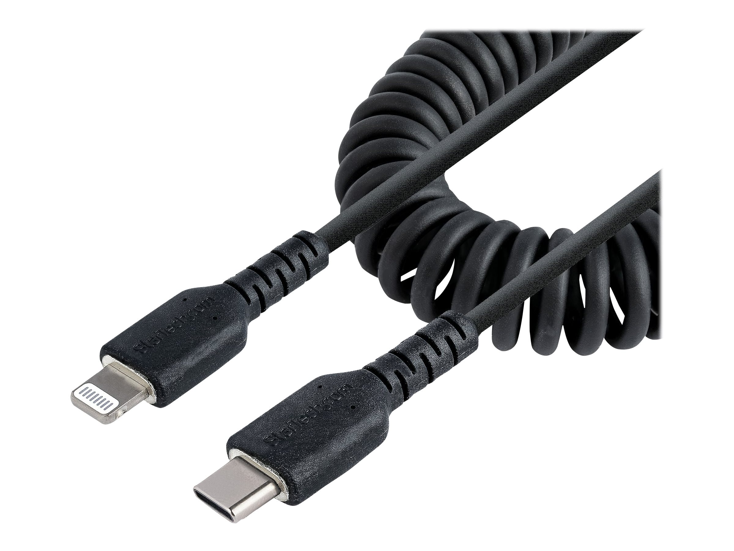 StarTech.com 1m (3ft) USB C to Lightning Cable, MFi Certified, Coiled iPhone Charger Cable, Black, Durable and Flexible TPE Jacket Aramid Fiber, Heavy