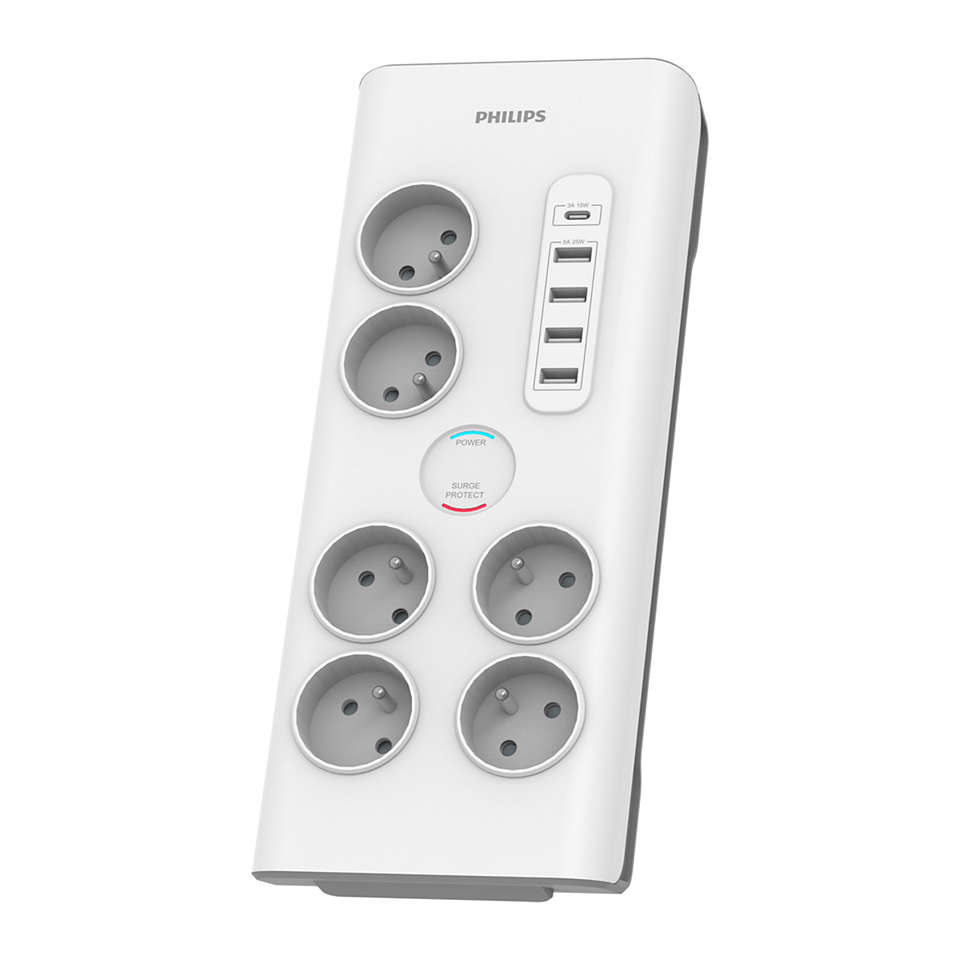 Philips SPN7060WA/60, 900 J, 6 AC stikkontakt(er), Hvid, 2 m, 720 g, 180 mm