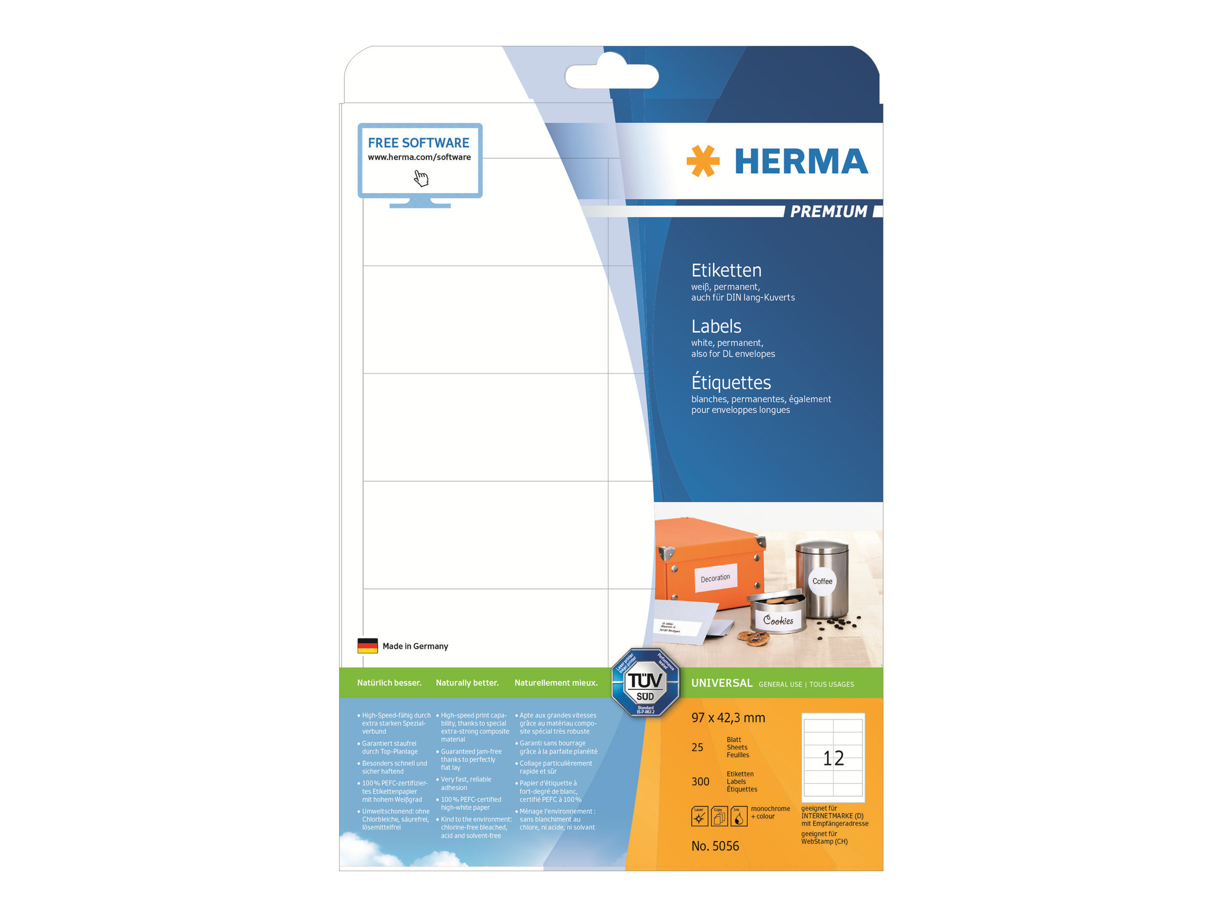 HERMA Premium - Papir - mat - permanent selvklæbende - hvid - 97 x 42.3 mm 300 etikette(r) (25 ark x 12) laminerede etiketter