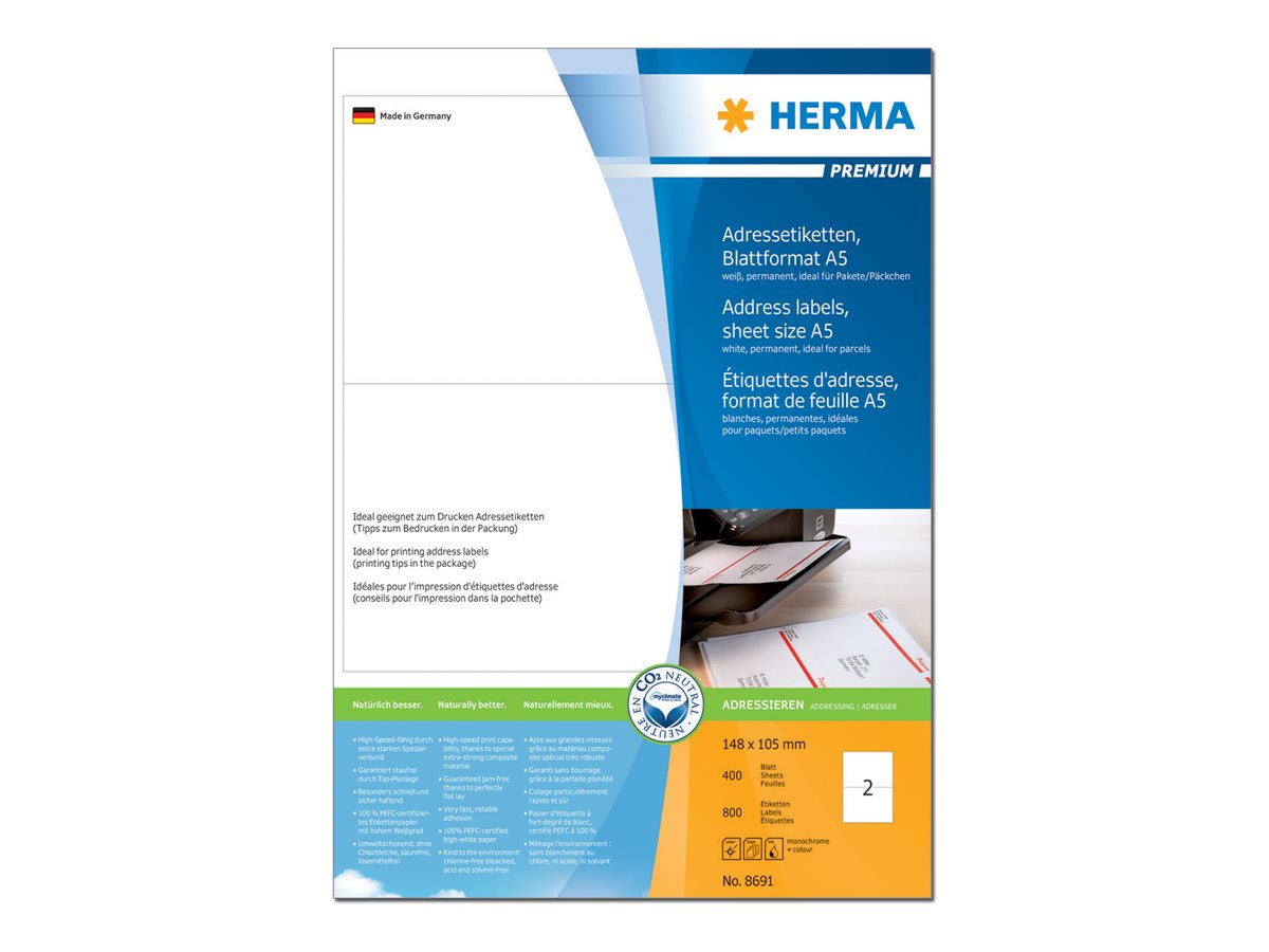 HERMA Special - Mat - selv-klæbende - hvid - 148 x 105 mm 800 etikette(r) (400 ark x 2) adresseetiketter