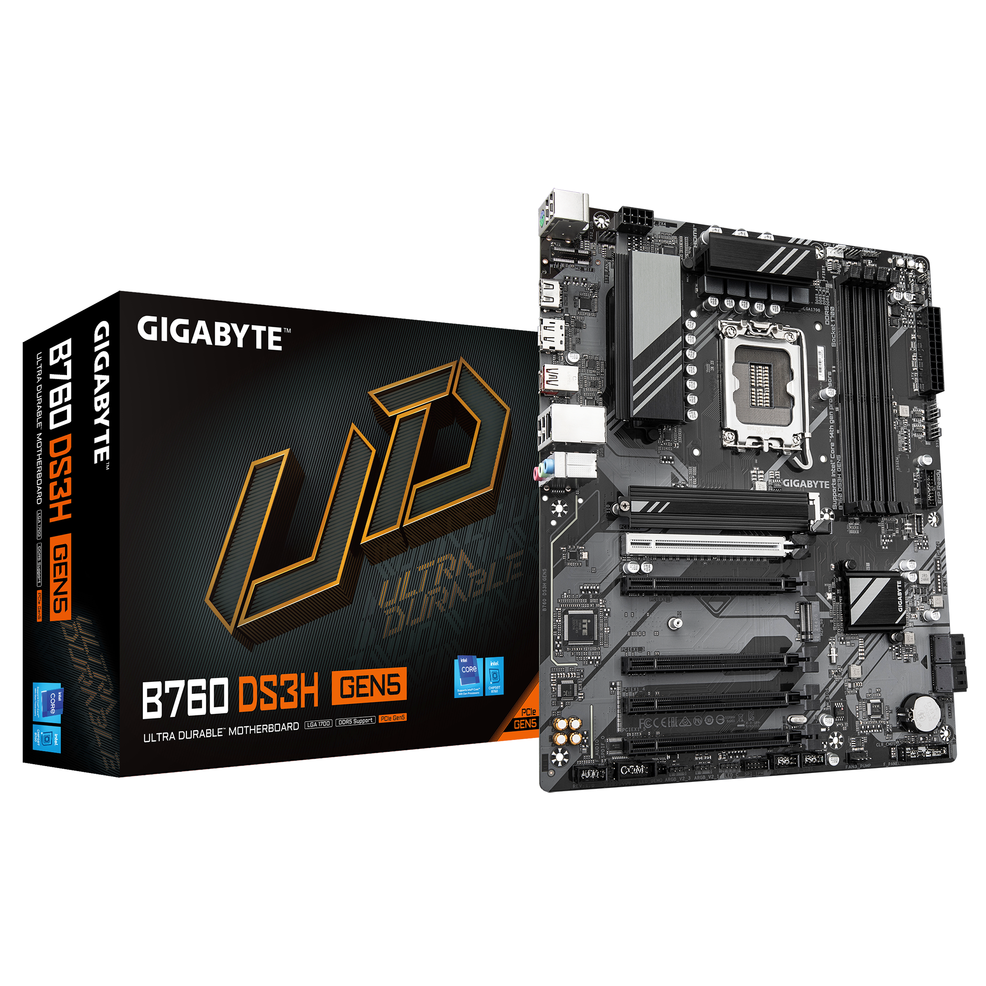 Gigabyte B760 DS3H GEN5 - Bundkort - ATX - LGA1700 sokkel - B760 Chipset - USB-C 3.2 Gen 2x2, USB-C 3.2 Gen 1, USB 3.2 Gen 2, USB 3.2 Gen 1 - Gigabit LAN - onboard grafik (CPU påkrævet) - HD Audio (8-kanaler)