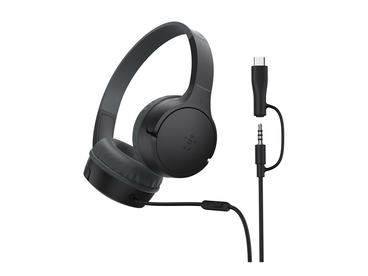 Belkin SoundForm Mini - Hovedtelefoner med mik. - på øret - kablet - 3,5 mm jackstik, USB-C - sort