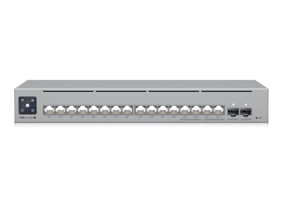 Ubiquiti UniFi Switch Pro Max 16 PoE - Switch - L3 - Administreret - 12 x 10/100/1000 (12 PoE+, 4 PoE++) + 4 x 2.5GBase-T + 2 x 10 Gigabit Ethernet - desktop, monterbar på stativ - PoE++ (180 W) - DC