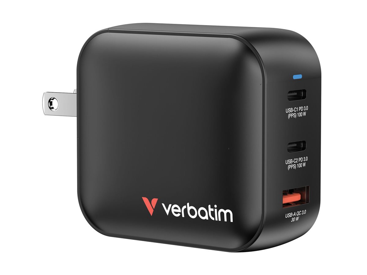 Verbatim - Strømforsyningsadapter - GaN - 100 Watt - PD 3.0, PD/PPS, QC 4.0 - 3 output-stikforbindelser (2 x USB-C, USB)