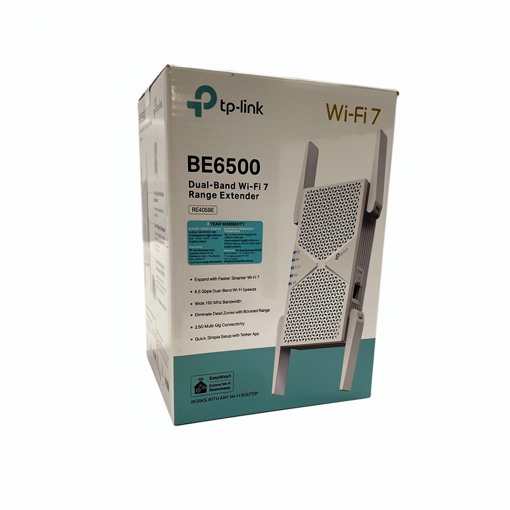 TP-Link RE405BE, Netværksgentager, 2500 Mbit/s, Ekstern, 2.5 Gigabit Ethernet, Wi-Fi 7 (802.11be), 802.11a, 802.11b, 802.11g, Wi-Fi 4 (802.11n), Wi-Fi 5 (802.11ac), Wi-Fi 6 (802.11ax), Wi-Fi 6E...