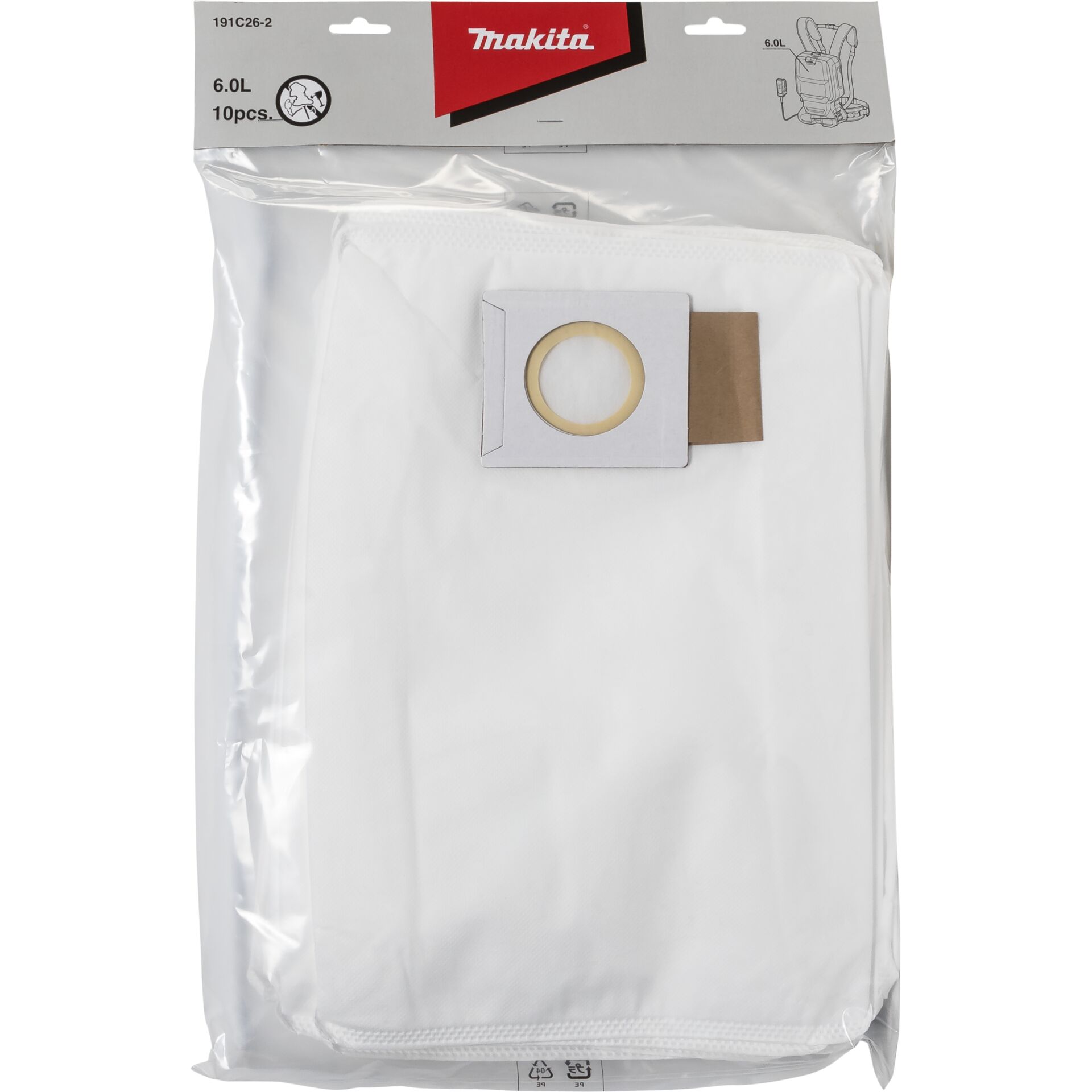 Støvsugerposer, Makita, DVC660Z, hvid, mikrofiber, 6 ltr. - (10 stk.)