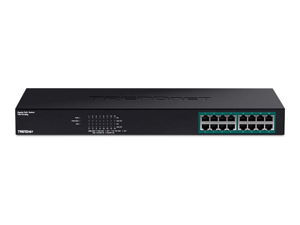 TRENDnet TPE TG160G - Switch - 16 x 10/100/1000 (PoE+) - monterbar på stativ - PoE+ (246 W) - TAA-kompatibel