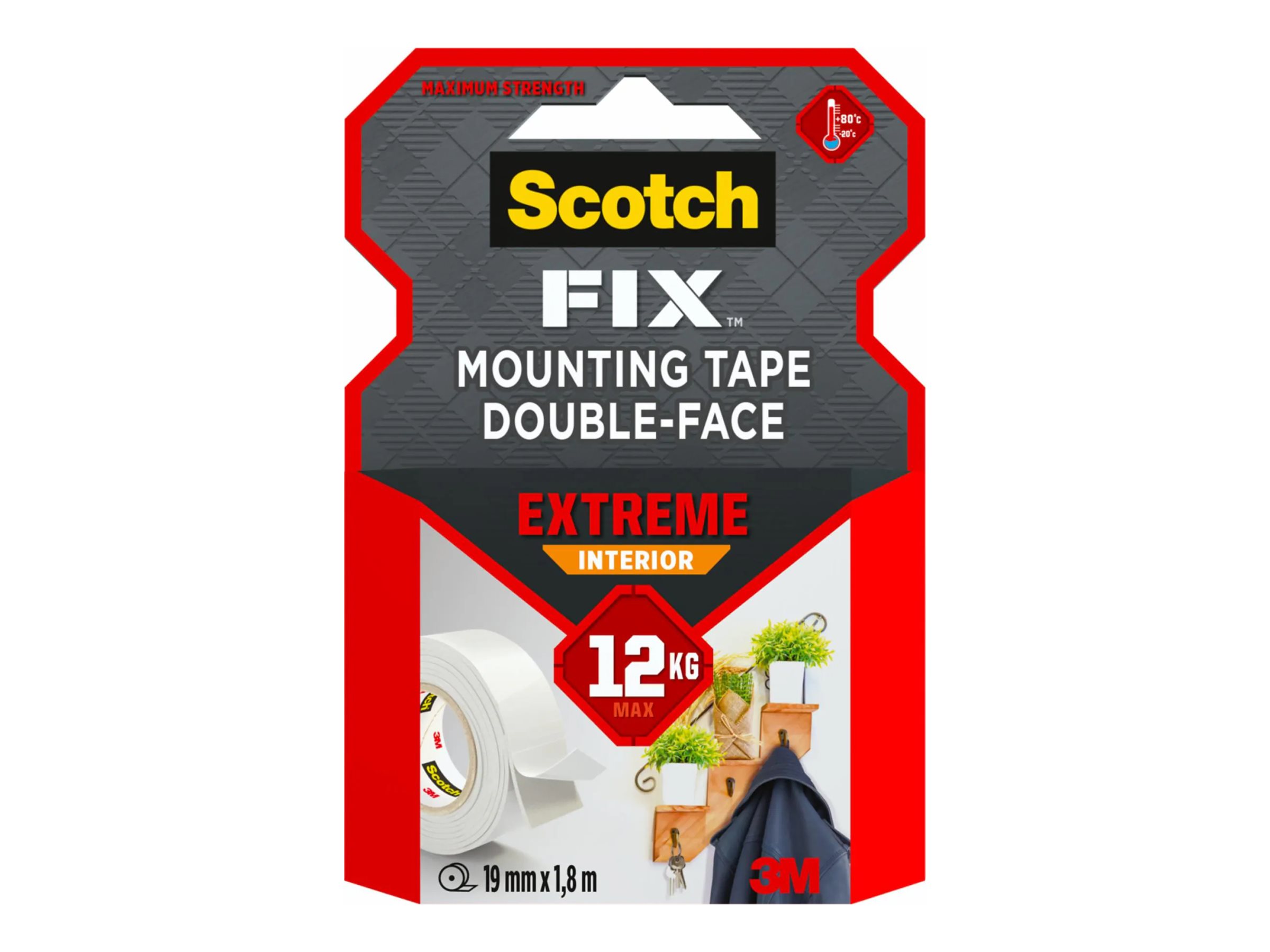 Scotch dobbeltsidet monteringstape Extreme, 19 mm x 1,8 m, hvid