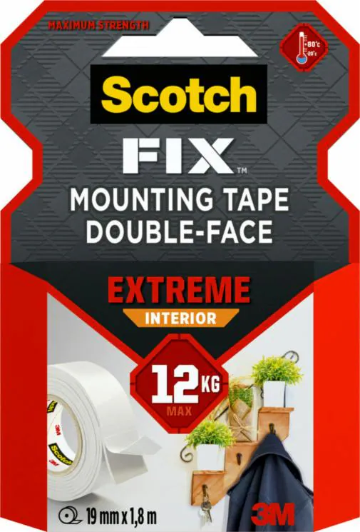 Scotch dobbeltsidet monteringstape Extreme, 19 mm x 1,8 m, hvid