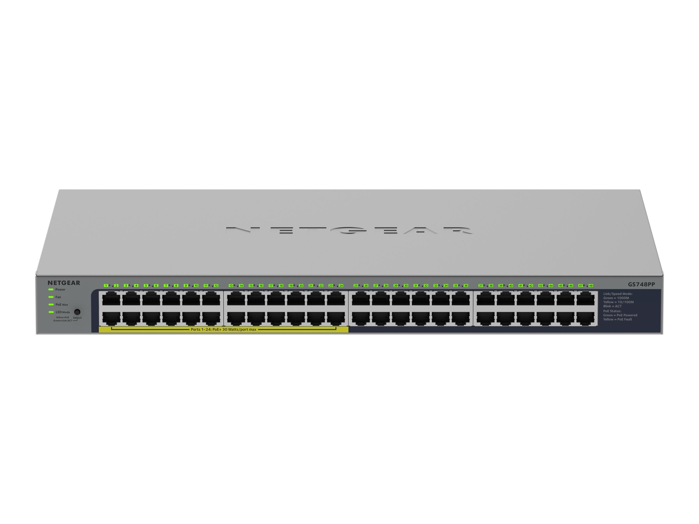 NETGEAR GS748PP - Switch - ikke administreret - 24 x 10/100/1000 + 24 x 10/100/1000 (PoE+) - desktop, væg-monterbar - PoE+ (380 W)