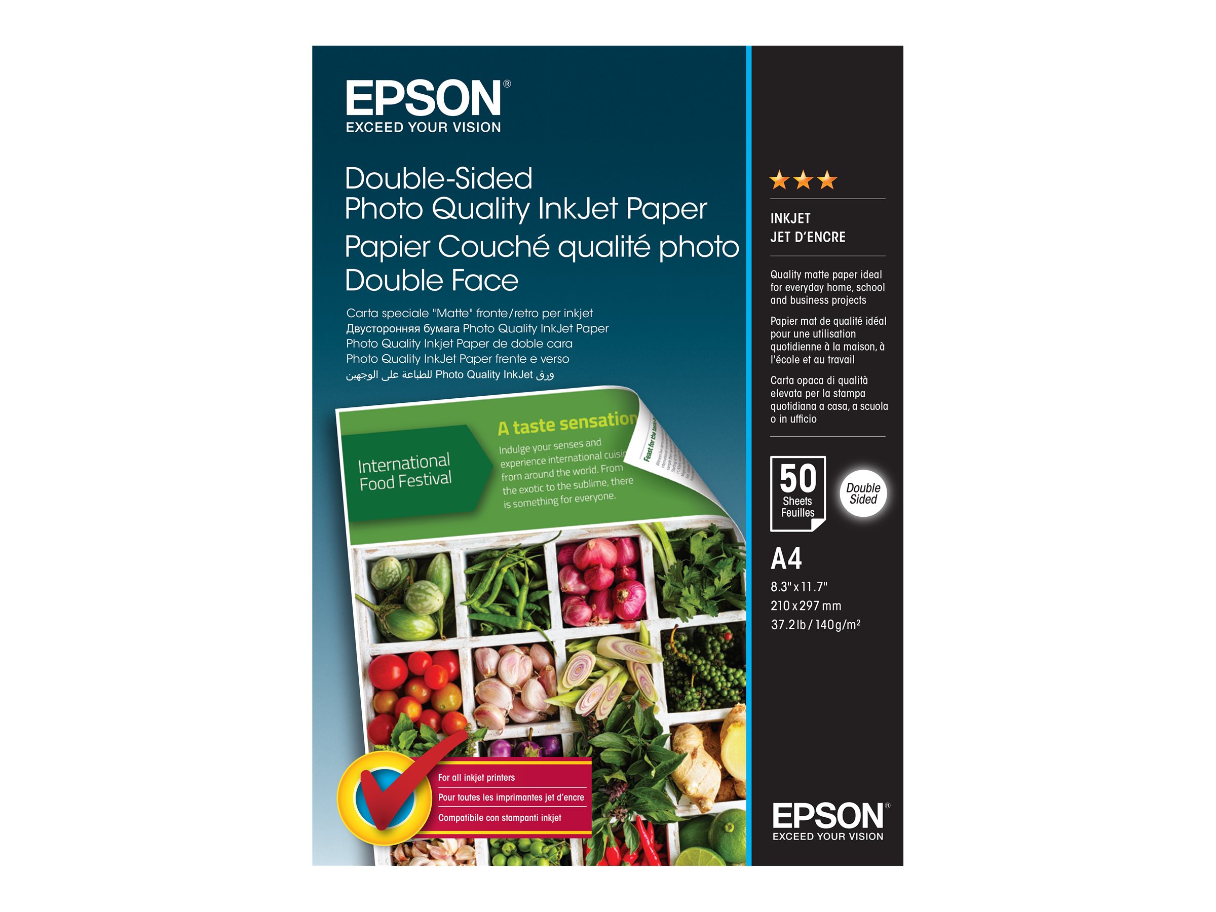 Epson Double-Sided Photo Quality Inkjet Paper - Mat - A4 (210 x 297 mm) - 140 g/m² - 50 ark fotopapir - for EcoTank ET-2650, 2750, 2751, 4750  WorkForce Pro RIPS WF-C879, WF-C5790