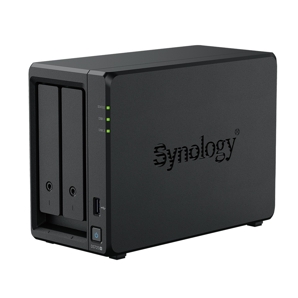 NAS Synology DS725+ Tower 2x 2.5 /3.5 SATA + 2x M.2 2280 NVMe SSD; AMD Ryzen R1600; 4GB DDR4 (max.32GB) 1x 1GbE RJ-45 1x 2.5GbE RJ-45 1x USB 3.2