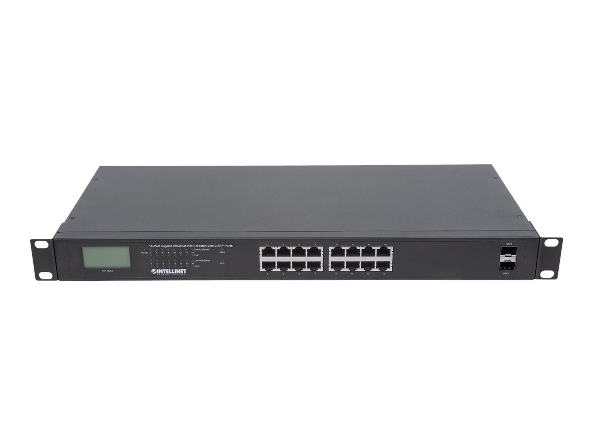 Intellinet 2 SFP Ports, LCD Display, IEEE 802.3at/af Power over ( / ) Compliant, 370 W, Endspan, 19" Rackmount (Euro 2-pin plug) Switch 16-porte