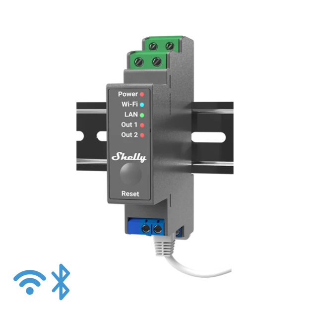 Shelly Pro 2, 2x16A rel med potentialfrie kontakter, DIN-skinne