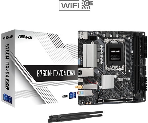 ASRock B760M-ITX/D4 WiFi - Bundkort - mini ITX - LGA1700 sokkel - B760 Chipset - USB-C 3.2 Gen 2x2, USB 3.2 Gen 1 - Wi-Fi 6E, Gigabit LAN, Bluetooth - onboard grafik (CPU påkrævet) - HD Audio (8-kanaler)