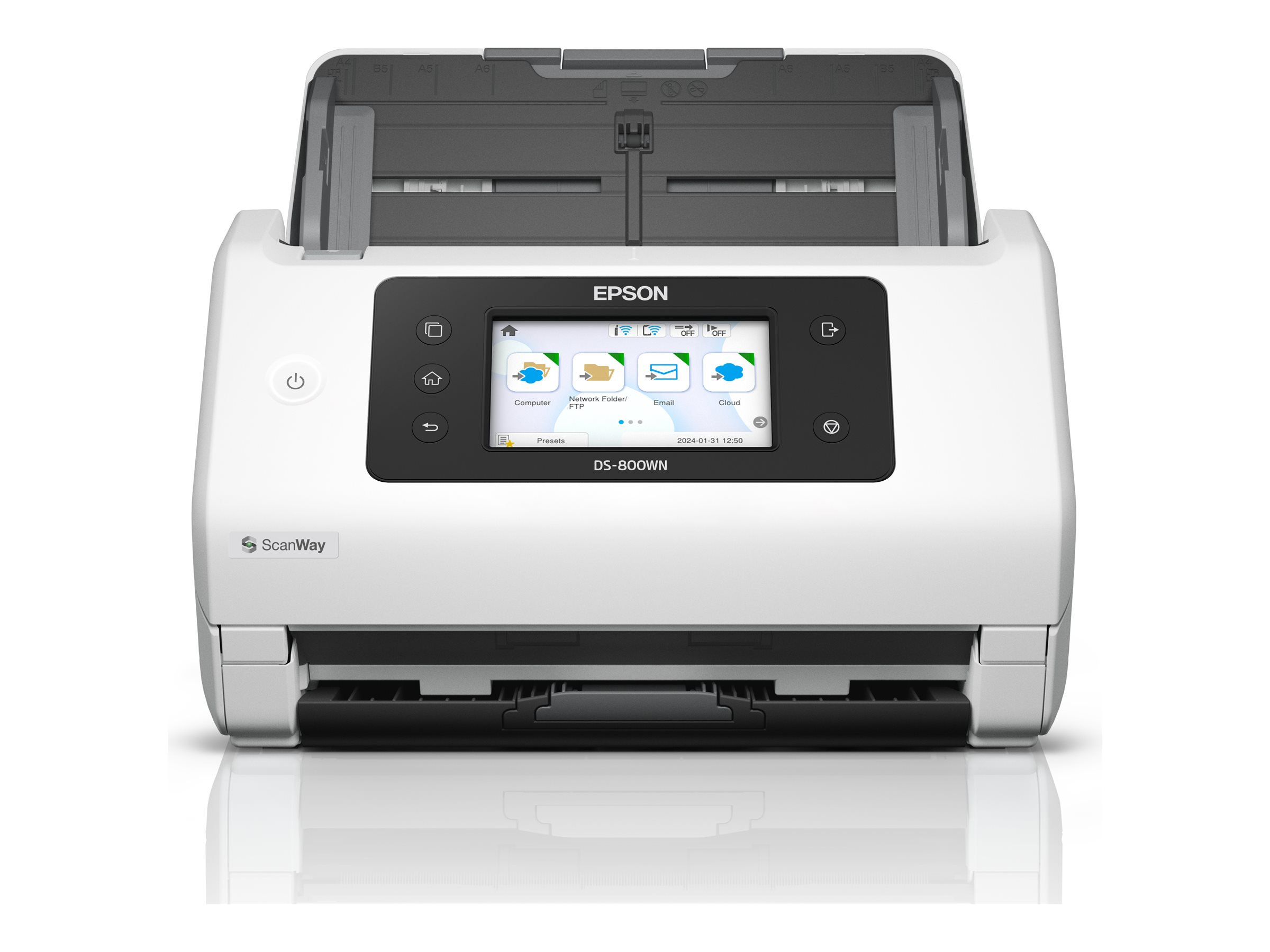 Epson WorkForce DS-800WN - Dokumentscanner - Duplex - A4/Legal - 600 dpi x 600 dpi - op til 50 ppm (mono) / op til 50 ppm (farve) - ADF (100 ark) - op til 8000 scanninger pr. dag - USB 3.2 Gen 1x1, Gigabit LAN, USB 2.0 (Host), Wi-Fi
