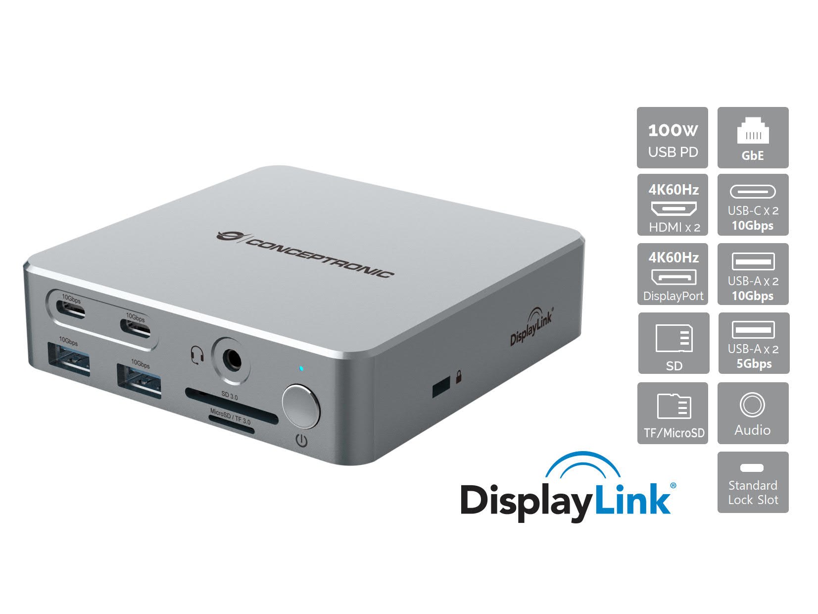 Conceptronic DONN25G dockingstation Ledningsført USB 3.2 Gen 2 (3.1 Gen 2) Type-C Sølv