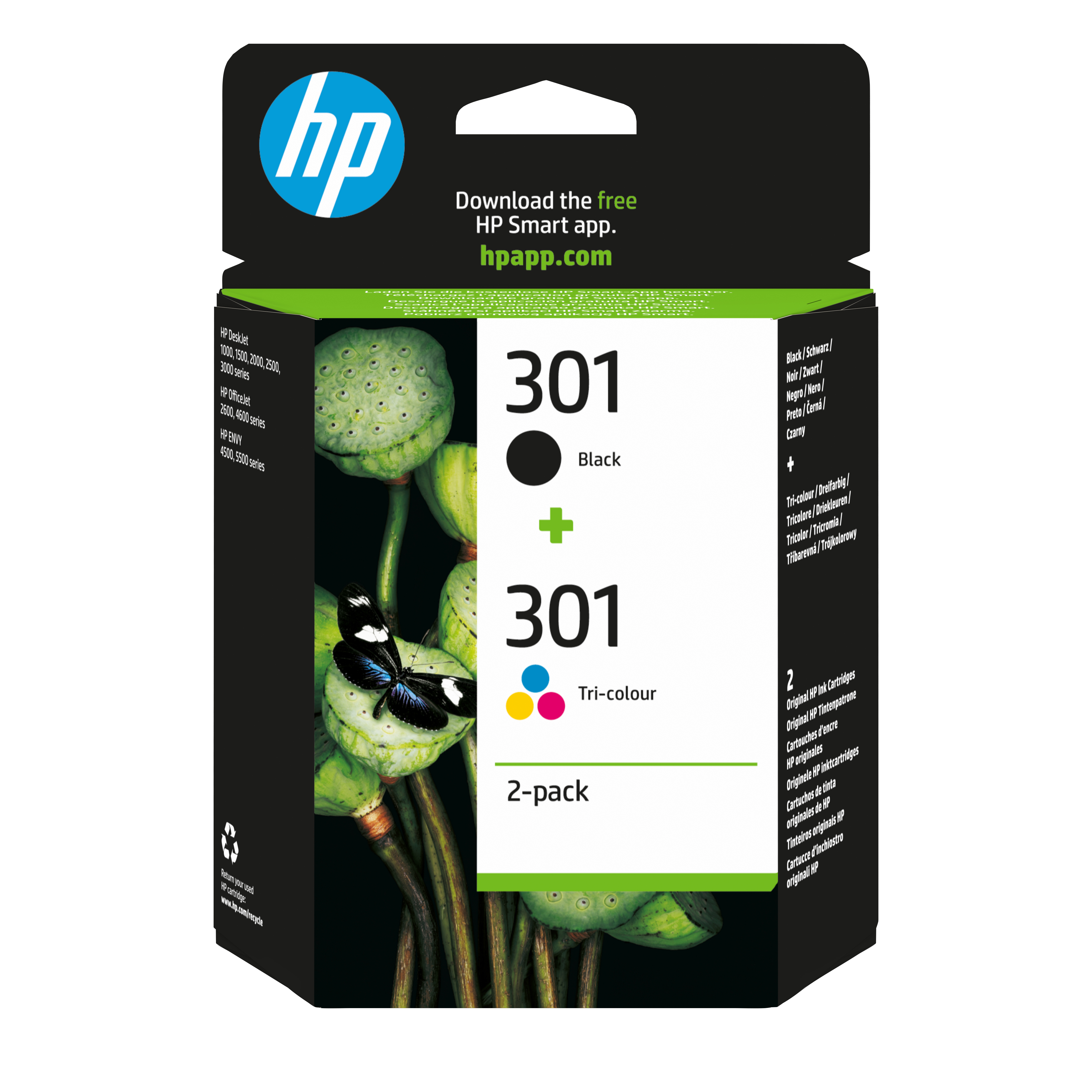 HP 301 2-pack Black/Tri-color Original s Sort, Cyan, Magenta, Gul 170 sider Blæk
