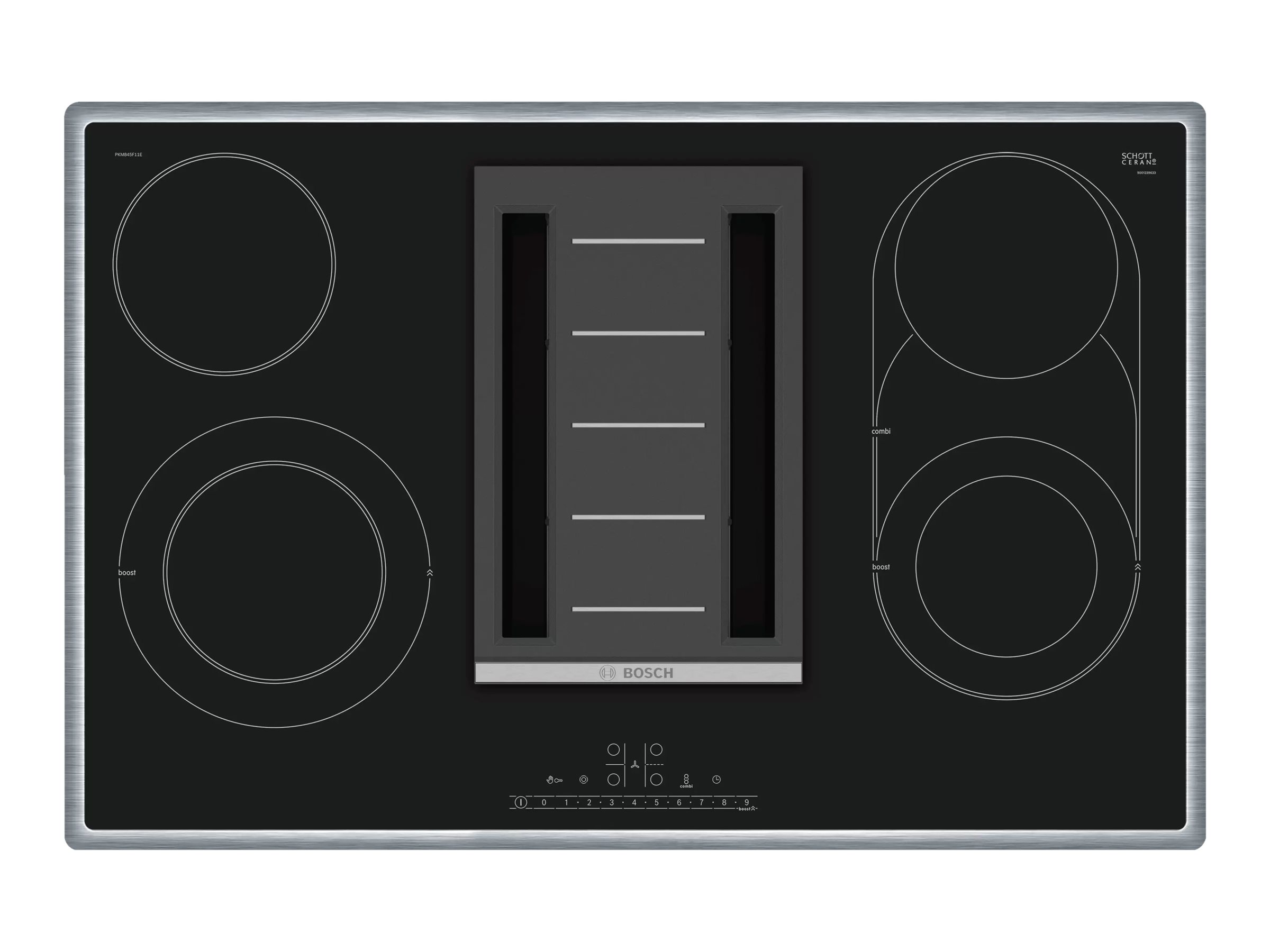 Bosch Serie | 6 PKM845F11E - Keramisk kogeplade - 4 plader - Niche - bredde: 78 cm - dybde: 50 cm - Klasse A - med rustfrit stål-pynt - sort med downdraft-udstødning (ekstraktion og recirkulation med ekstra ekstraktion og recurkulationssæt)