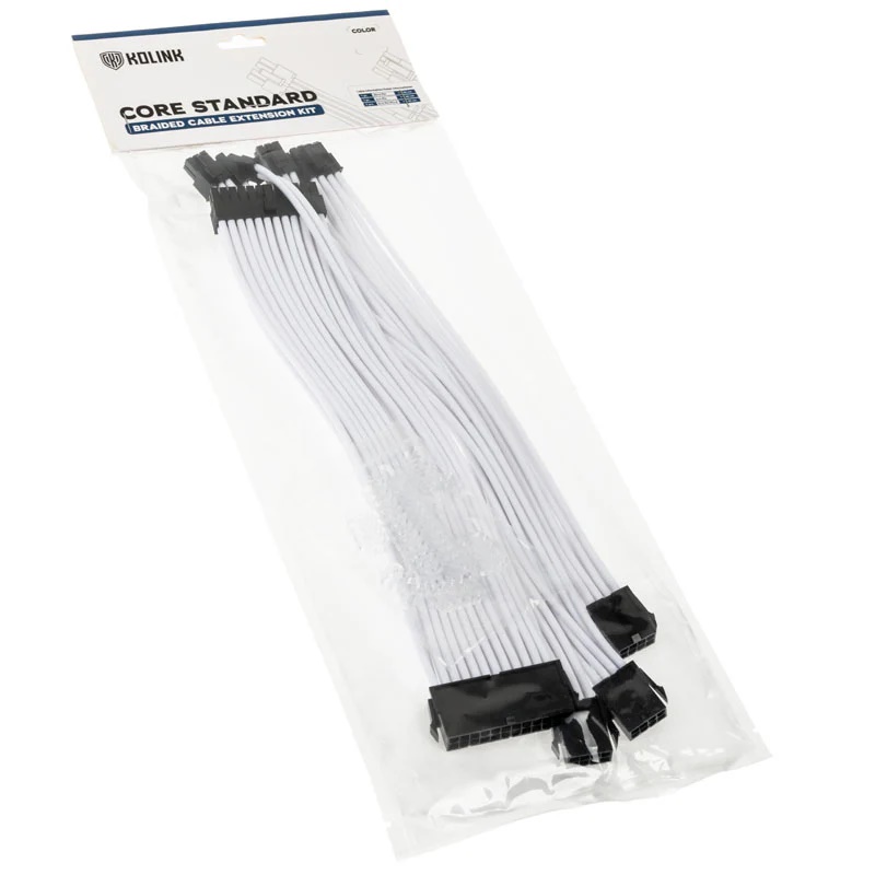 Kolink Core Standard Braided Cable Extension Kit - Brilliant White - 2x 6+2pin, 1x 4+4pin, 1x 20-4pin Kabelforlænger - GEEKD.dk