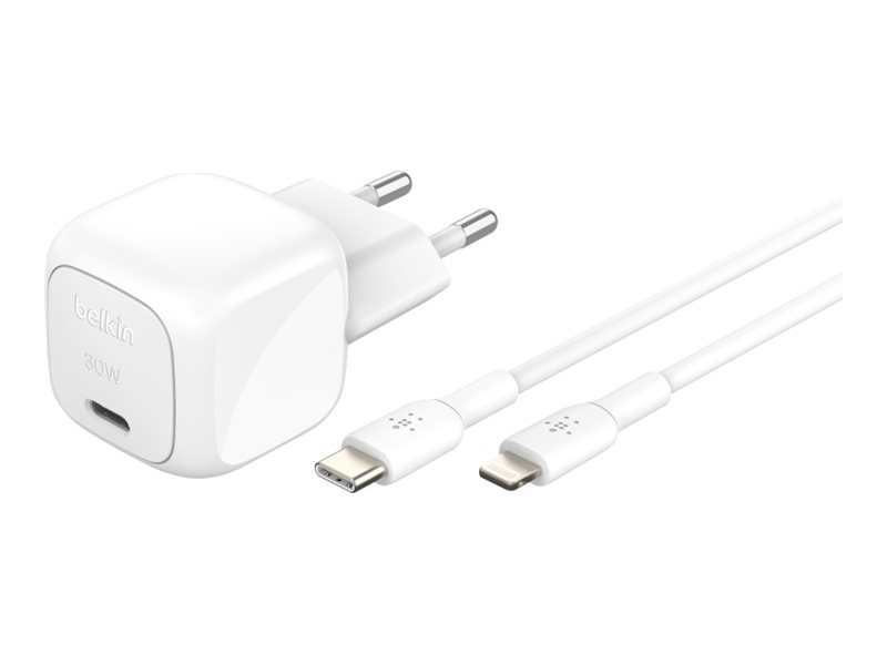 Belkin BoostCharge power adapter - compact - 24 pin USB-C - 30 Watt - with USB-C to Lightning cable (1m)