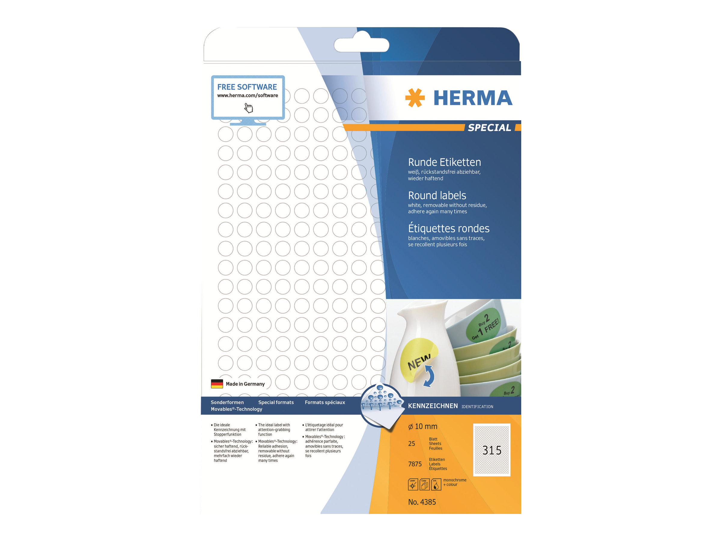 HERMA Special - Papir - mat - aftagelig selvklæbende - hvid - 10 mm rund 7875 etikette(r) (25 ark x 315) etiketter