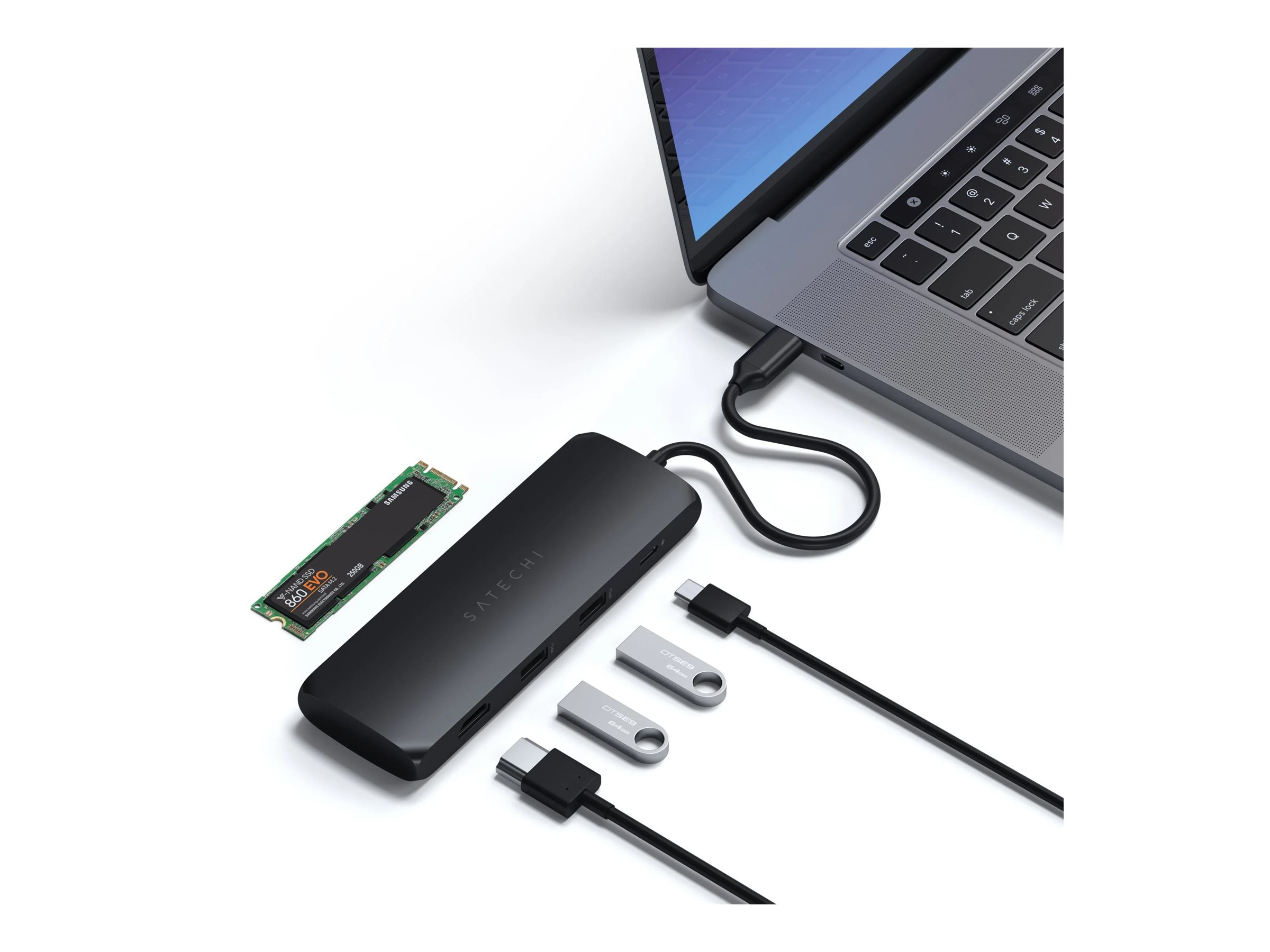 Satechi USB-C Hub med indbygget SSD kabinet & Pass-through, Sort