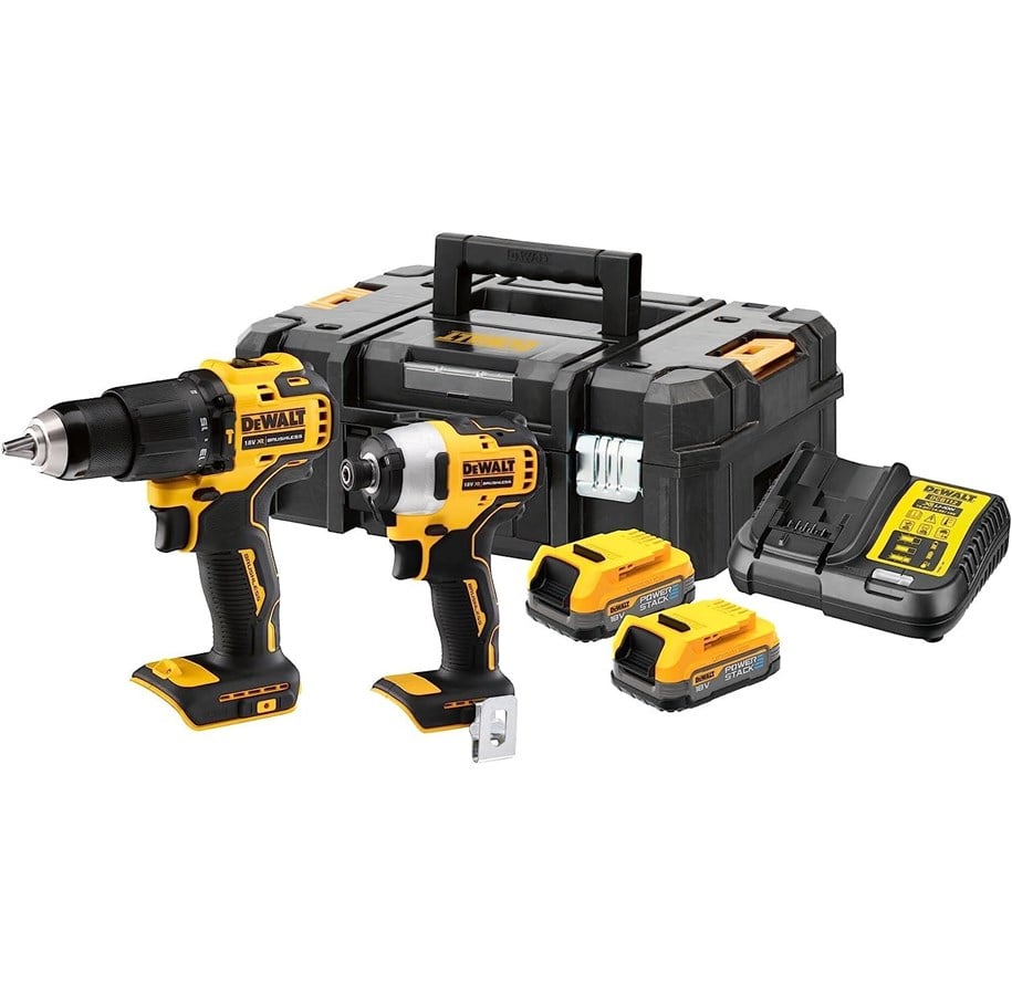 Dewalt 18V POWERSTACK kombisæt med slagboremaskine, slagskruetrækker, 2 x 1,7Ah batterier og lader, TSTAK - DCK2062E2T-QW