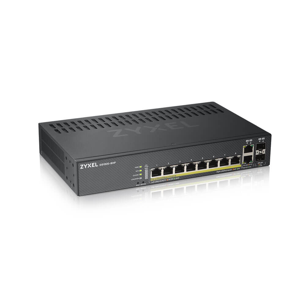 Zyxel GS1920-8HPv2 - Switch - smart - 8 x 10/100/1000 (PoE+) + 2 x combo Gigabit SFP - desktop, væg-monterbar - PoE+ (130 W)