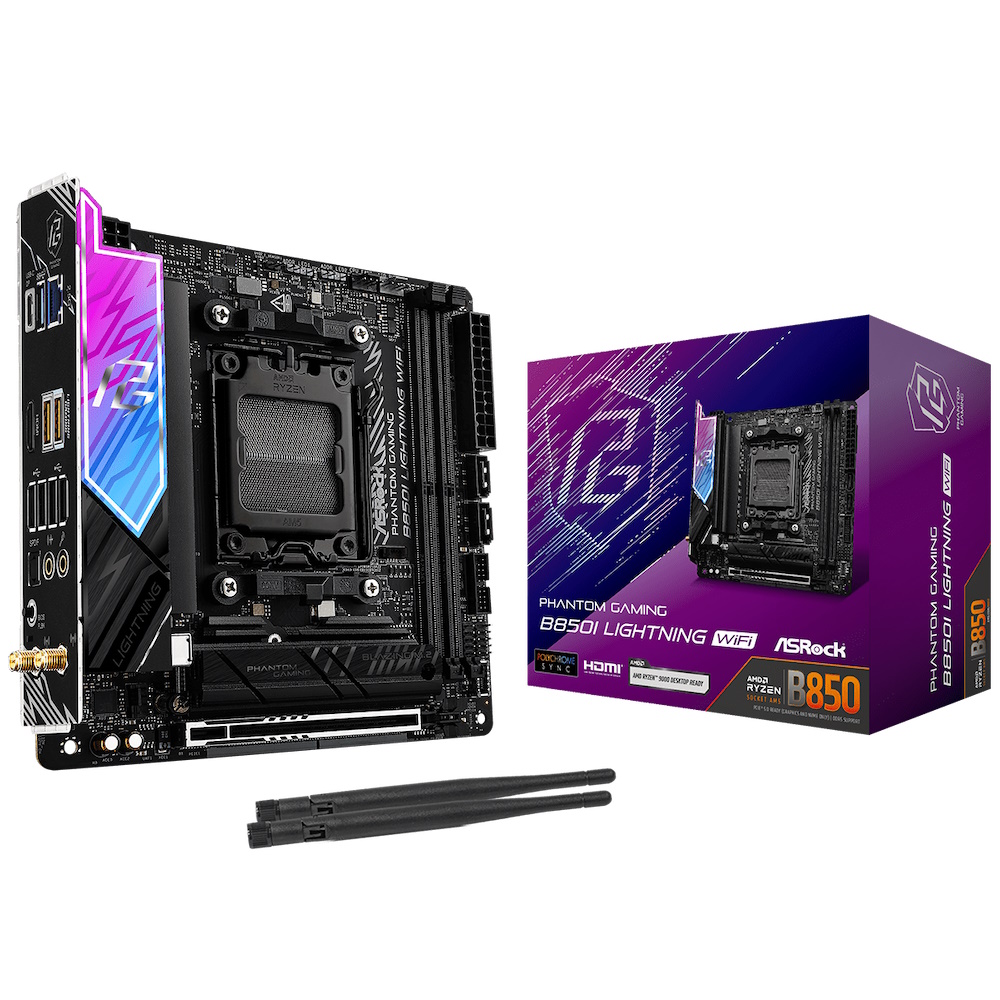 ASRock Phantom Gaming B850I LIGHTNING WIFI - Bundkort - mini ITX - Socket AM5 - AMD B850 Chipset - USB-C 3.2 Gen2, USB-C 3.2 Gen 1, USB 3.2 Gen 2, USB 3.2 Gen 1 - Wi-Fi 6E, Bluetooth, 2.5 Gigabit LAN - onboard grafik (CPU påkrævet) - HD Audio (8-kanaler)