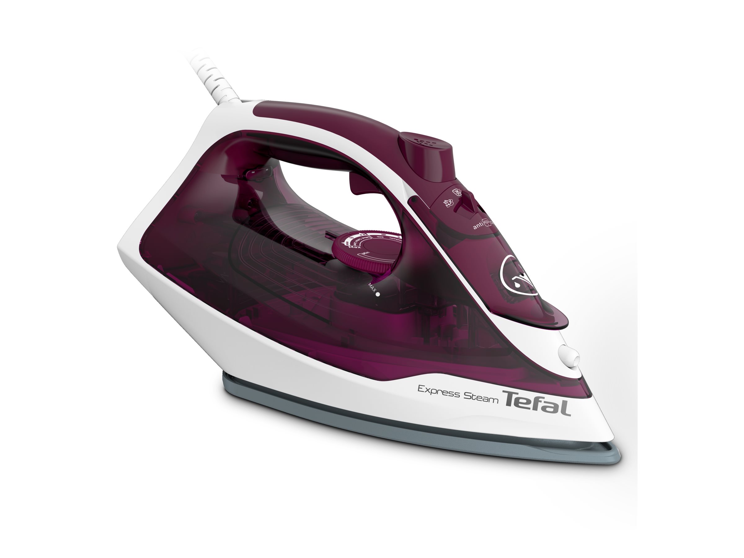 Tefal Express Steam FV2835E0, Tør & dampstrygejern, Durilium -strygesål, 1,9 m, 160 g/min, Lilla, Hvid, 35 g/min