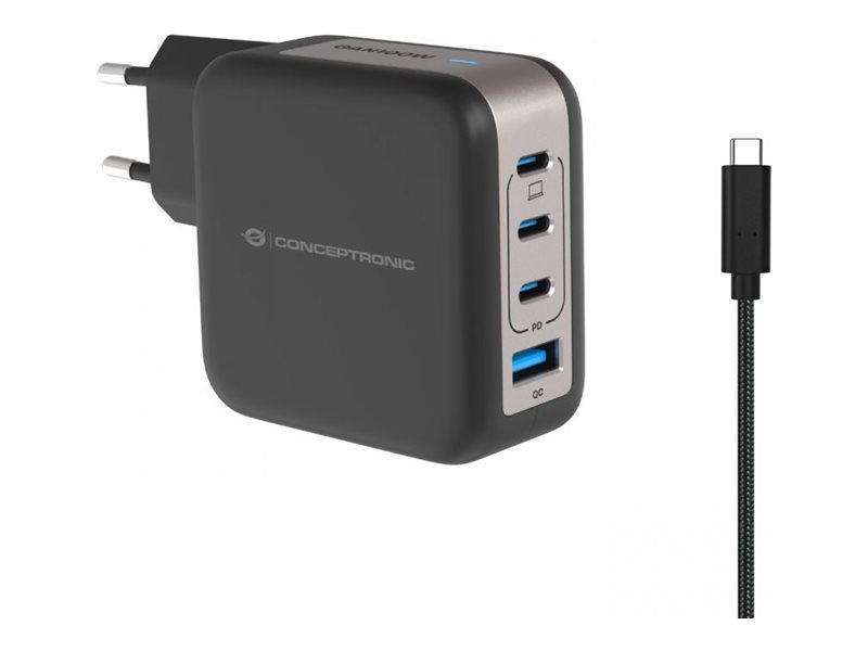 GaN vægoplader 4-porte - 3x USB-C + 1x USB-A, 100 W PD 3.0