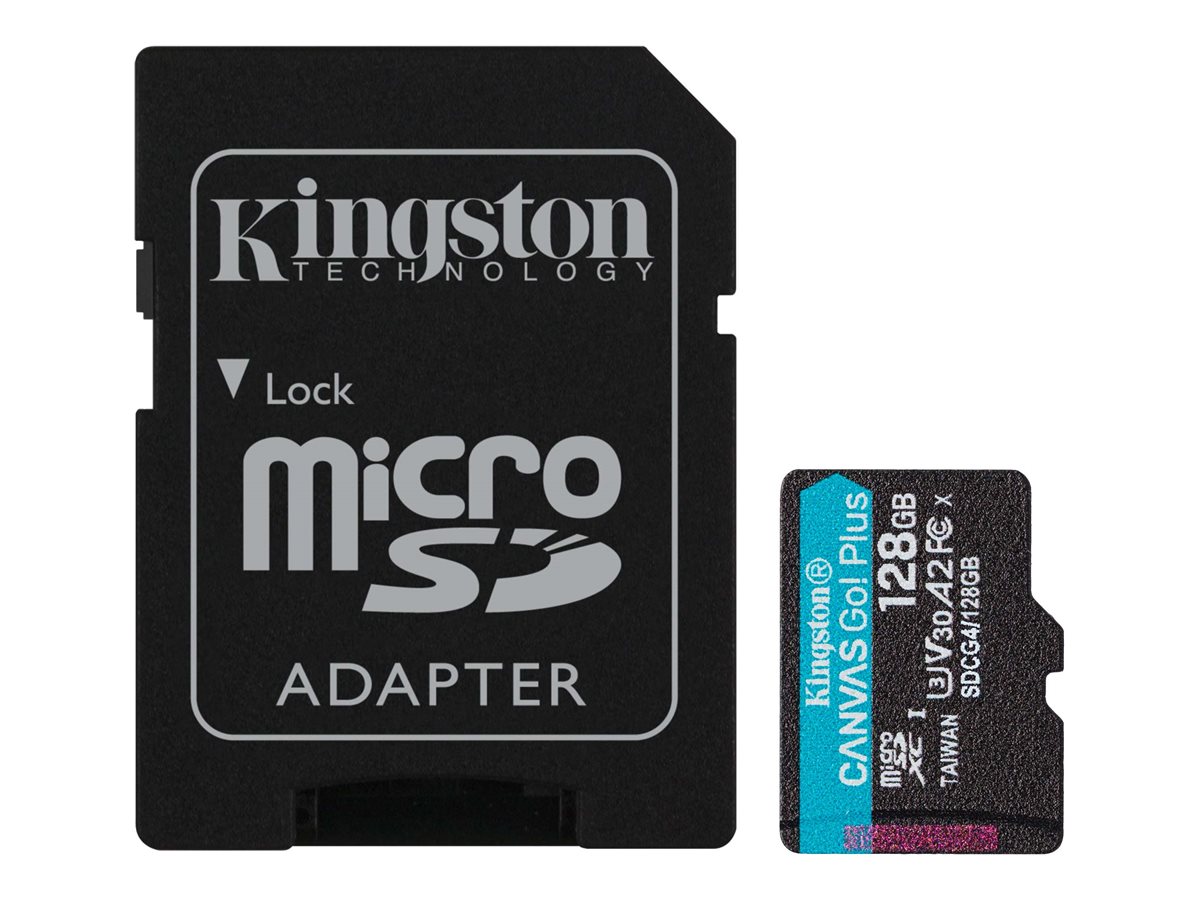 Kingston Canvas Go! Plus - Flashhukommelseskort (microSDXC til SD adapter inkluderet) - 128 GB - A2 / Video Class V30 / UHS-I U3 / Class10 - microSDXC UHS-I