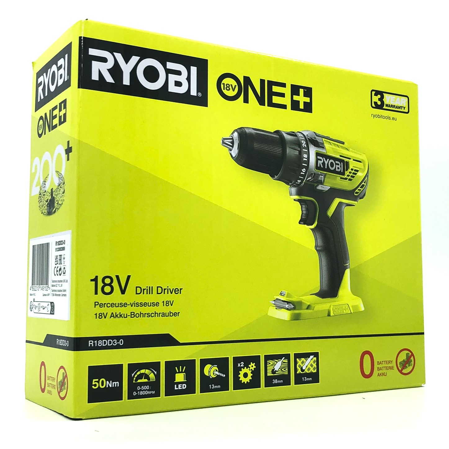 Ryobi One+ R18DD3-0 - Bor/driver - ledningfri - 2-hastigheders - nøgleløs borepatron 13 mm - 50 N·m - intet batteri - 18 V