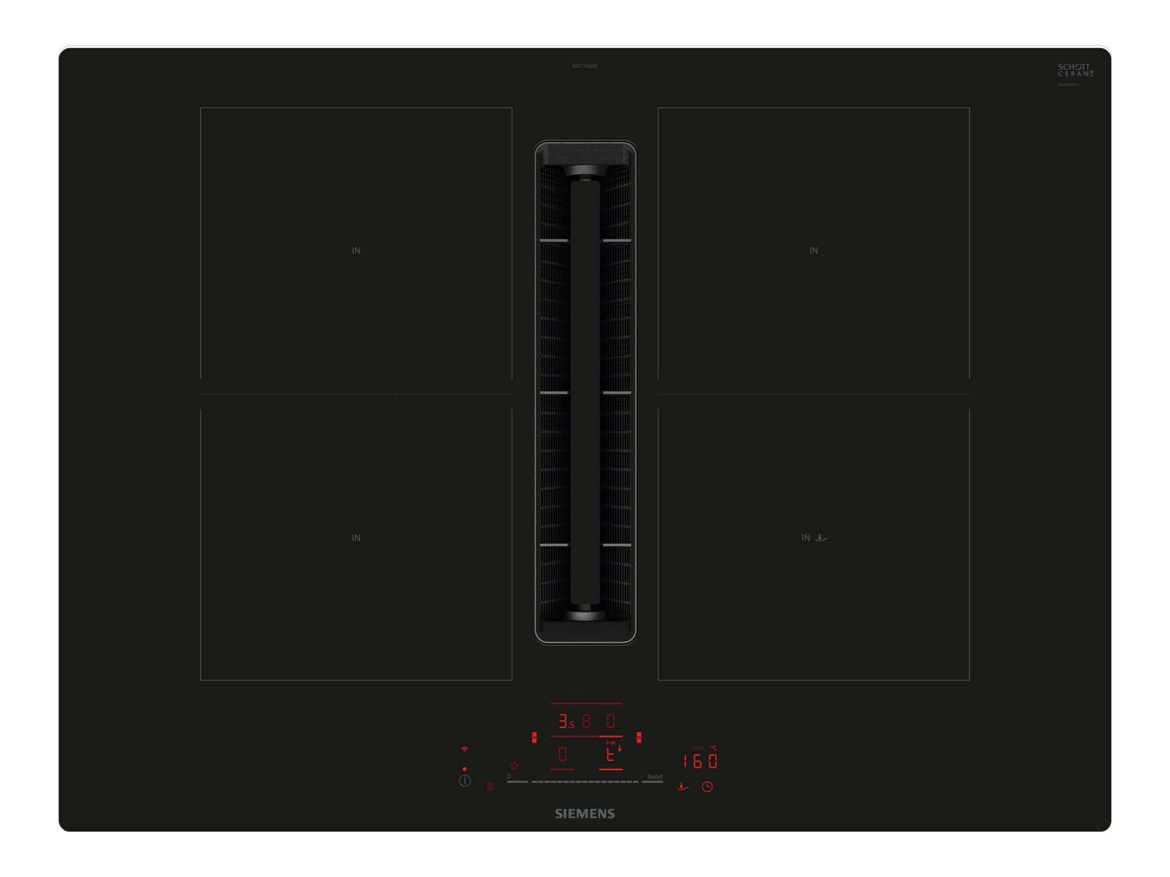 Siemens iQ500 ED711HQ26E - Induktions kogeplade - 4 plader - Niche - bredde: 56 cm - dybde: 49 cm - Klasse B - rammeløs - sort med downdraft-udstødning (ekstraktion og gencirkulation med ekstra ekstraktionssæt)